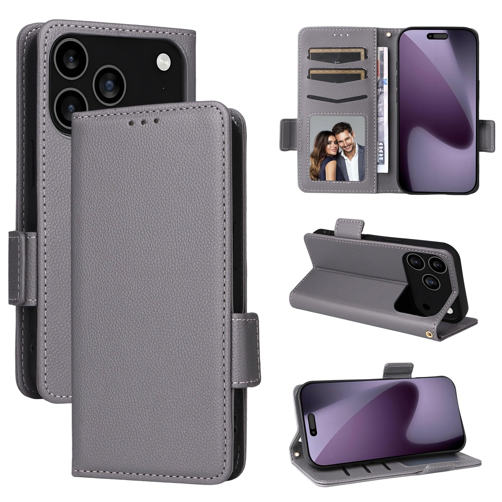 Étui rabat iPhone 16 Pro gris housse portefeuille cuir simple