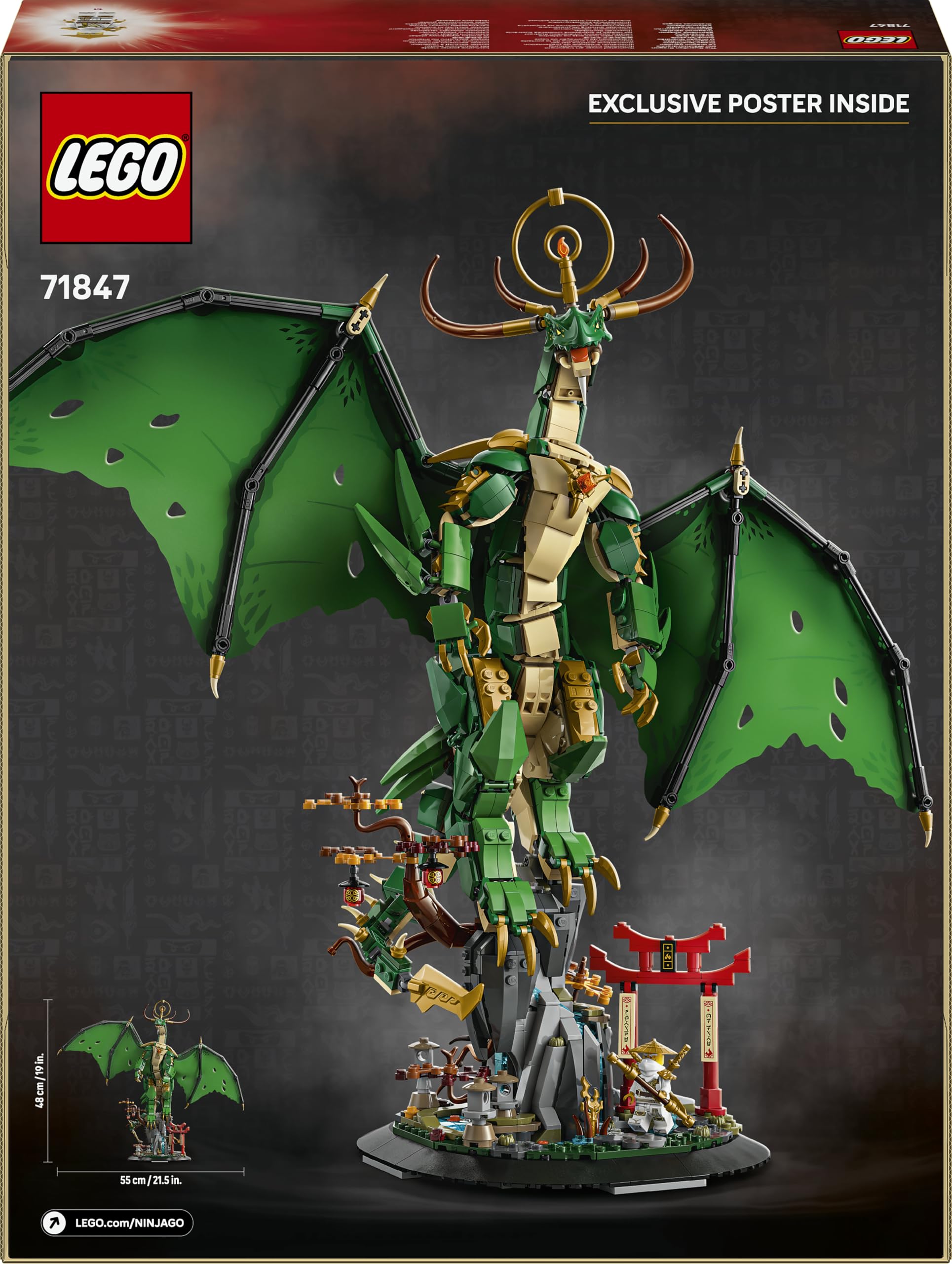 LEGO Ninjago Drago-Guardiano - Giocattolo da Costruire di Action Figure Snodabile con Minifigure del Maestro Wu ed Espositore Effetto Roccia - Regalo per Bambini 14+ Anni Fan di Monstrosity - 71847