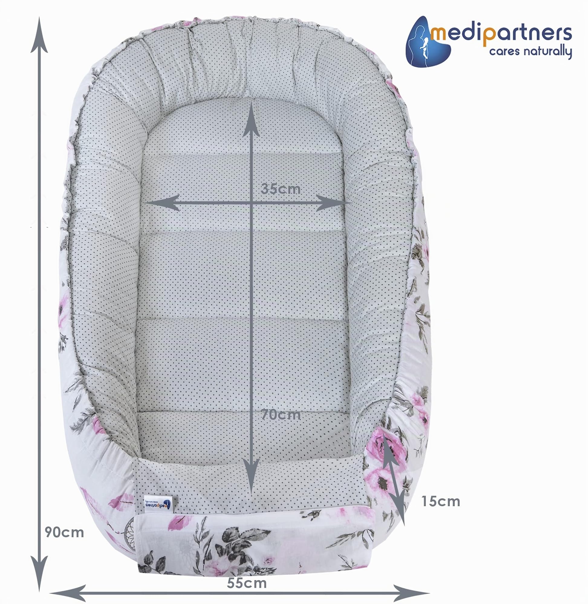 Medi Partners Reducteur de lit Bébé Cocon 100x60x15cm 100% Coton Baby Nest Nouveau-né Nid de Bébés Oreiller Couverture Insert Amovible (Catchers et Fleurs Gris Minky)