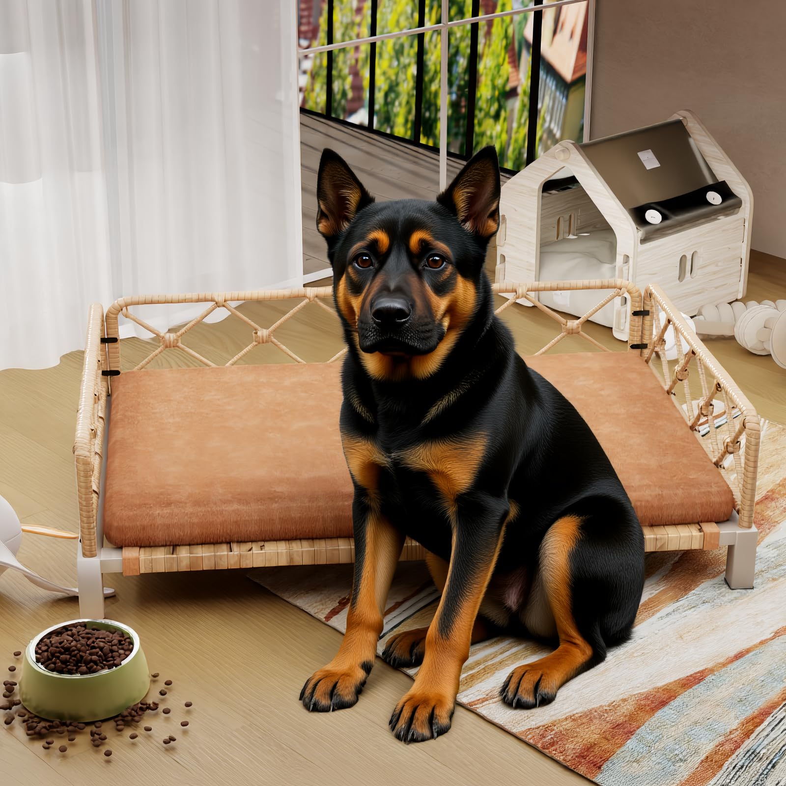 Elevated Waterproof Dog Beds for Large Dogs with Egg Crate Foam Support Pet Bed, Outdoor Dog Sofa Bed PE Wicker Orthopedic Pet Couch Bed with Washable Removable Cushion