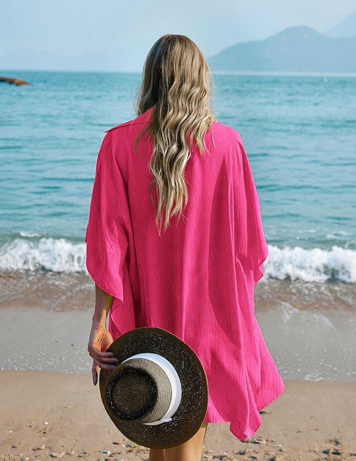 Ekouaer Women's Swimsuit Cover Up 3/4 Sleeve Beachwear Bikini Coverups Button Down Oversized Cover Up Shirt S-3XL - Image 4