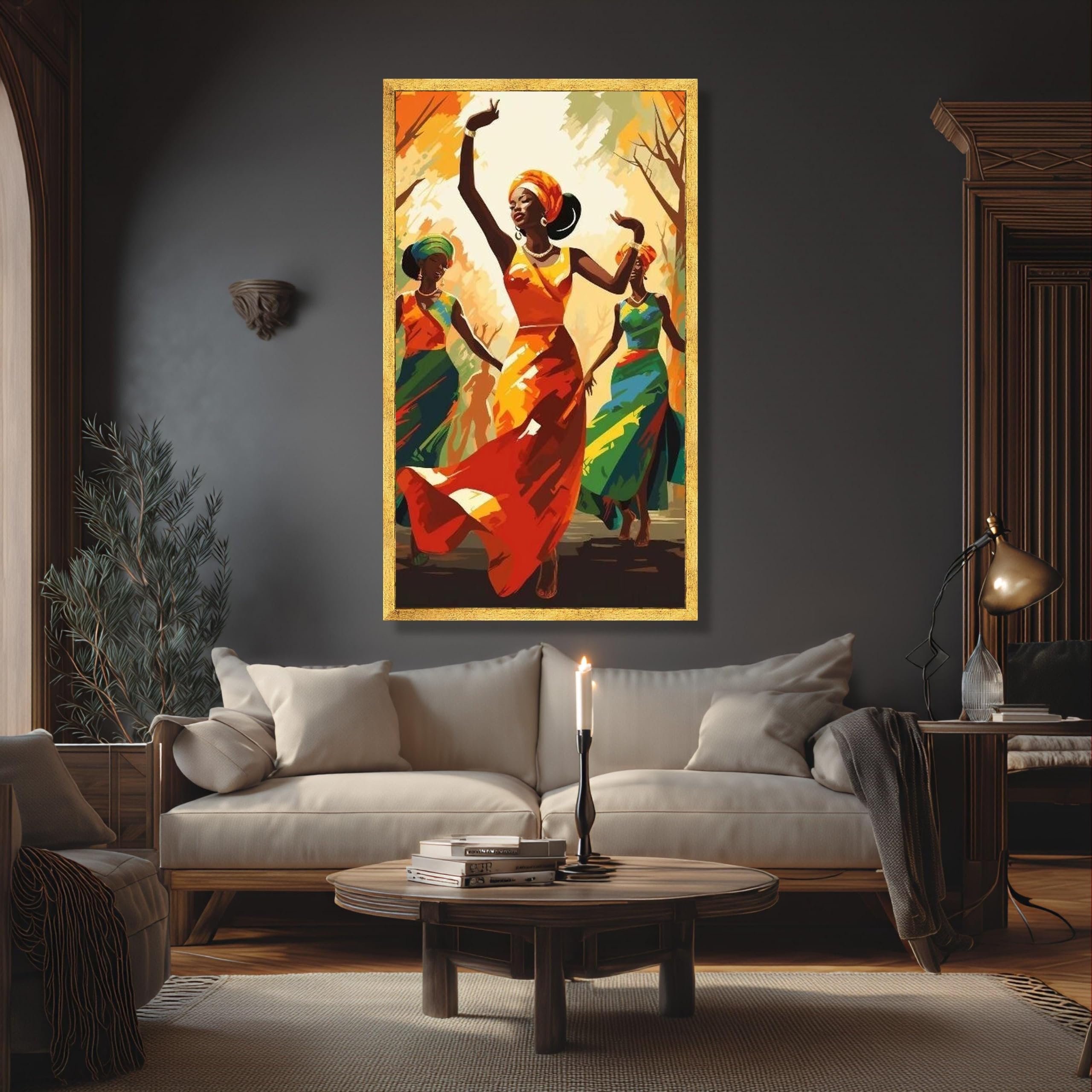 LMYCHENG Pintura al óleo de danza africana, siluetas femeninas coloridas, arte mural de cultura étnica, impresión abstracta en lienzo, mural para decoración del hogar (80x150cm/marco interno)
