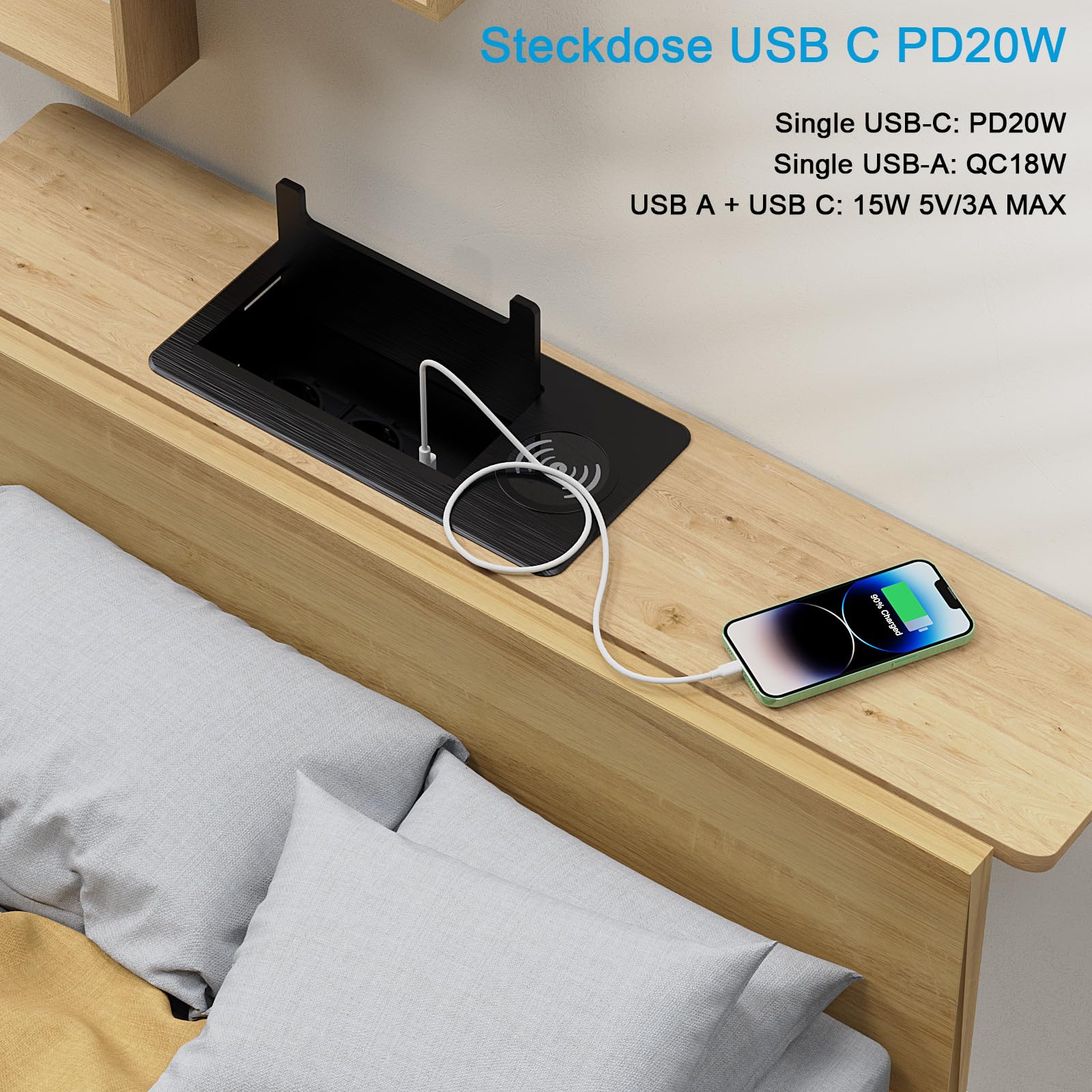 Ciabatta elettrica a scomparsa a 2 prese con 2 USB-C PD 20 W e 1 USB-A, presa da incasso in alluminio con cavo da 2 m, colore nero
