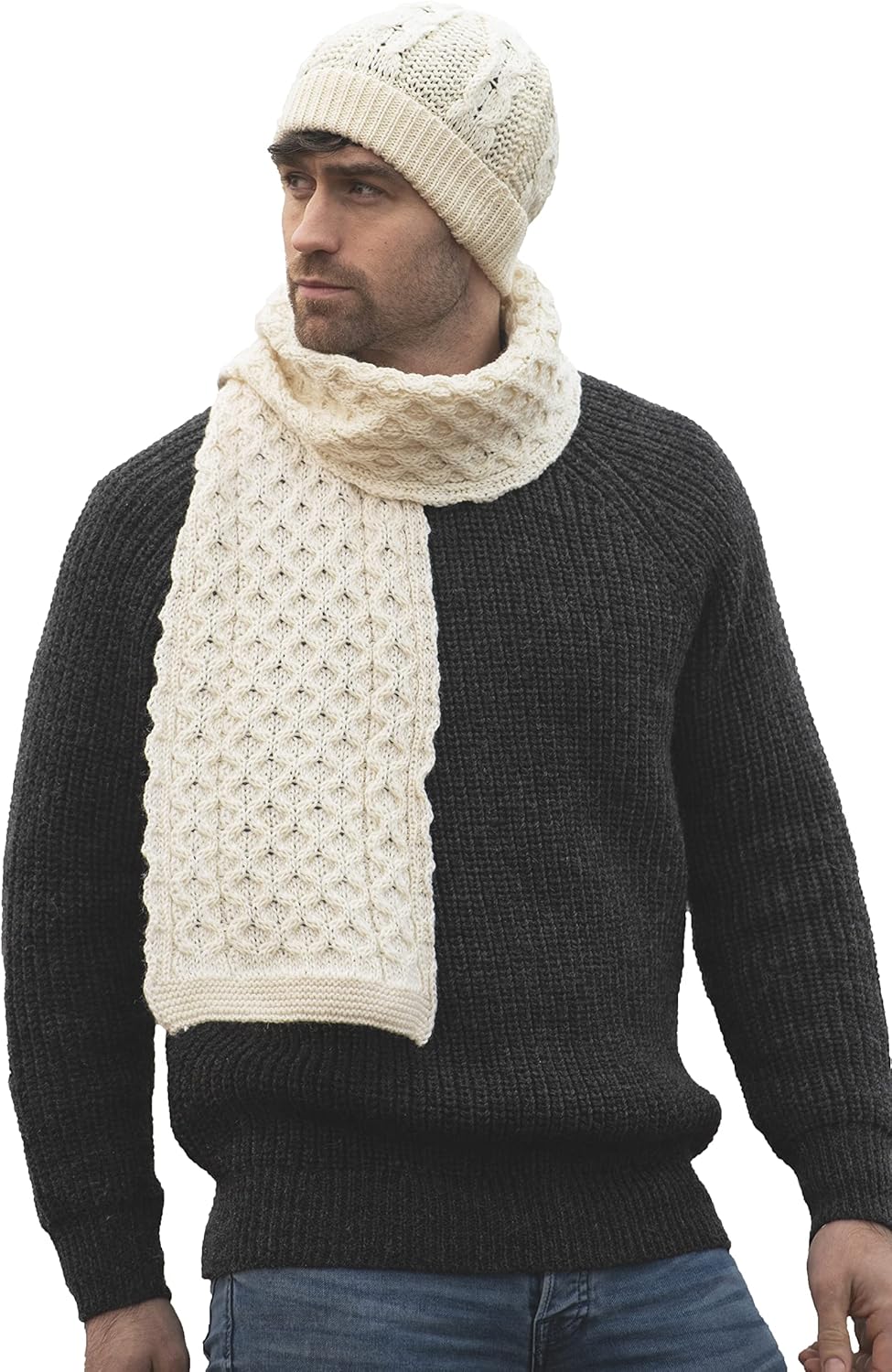 Aran Crafts One Size Irish Cable Knitted Honeycomb Scarf (100% Merino Wool) - Image 5