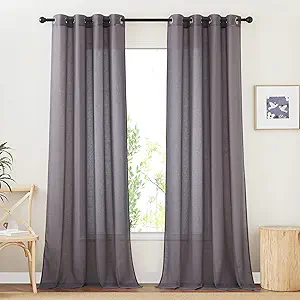 NICETOWN Faux Flax Linen Sheer Living Room Curtains, Grommet Elegant Semi Sheer Curtains Privacy Light Filtering Vertical Drapes for Kids Room/Daughter, W52 x L90, Purple Brown, 2 Panels