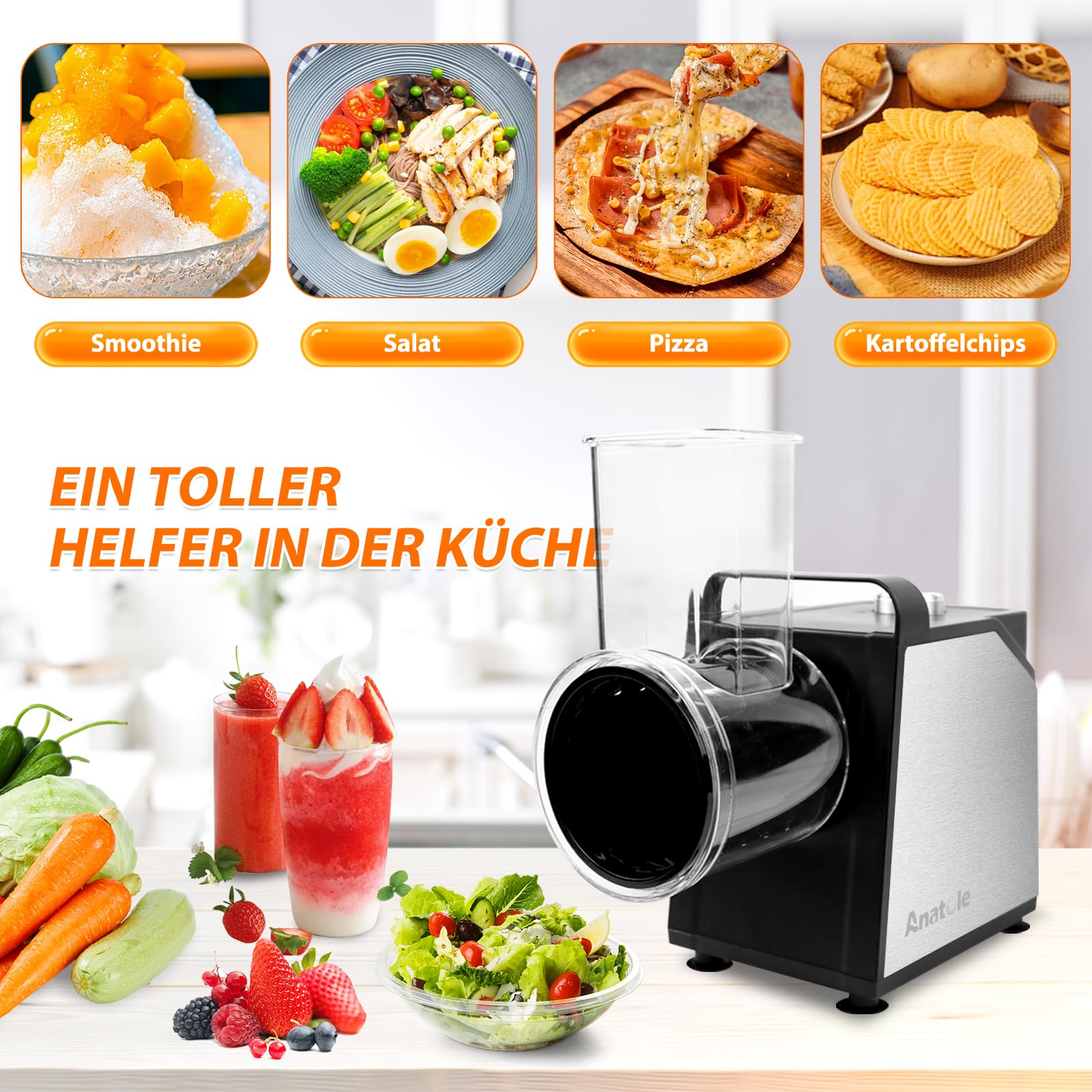 Anatole 7 in 1 Gemüseschneider Elektrisch Ice Crusher Käsereibe Edelstahl | Schneiden&Reiben&Mahlen&Eisrasierer Multifunktional, 7 Klingen, Großkaliber, 250W, für Kartoffeln Karotten Küche Hause, 220V