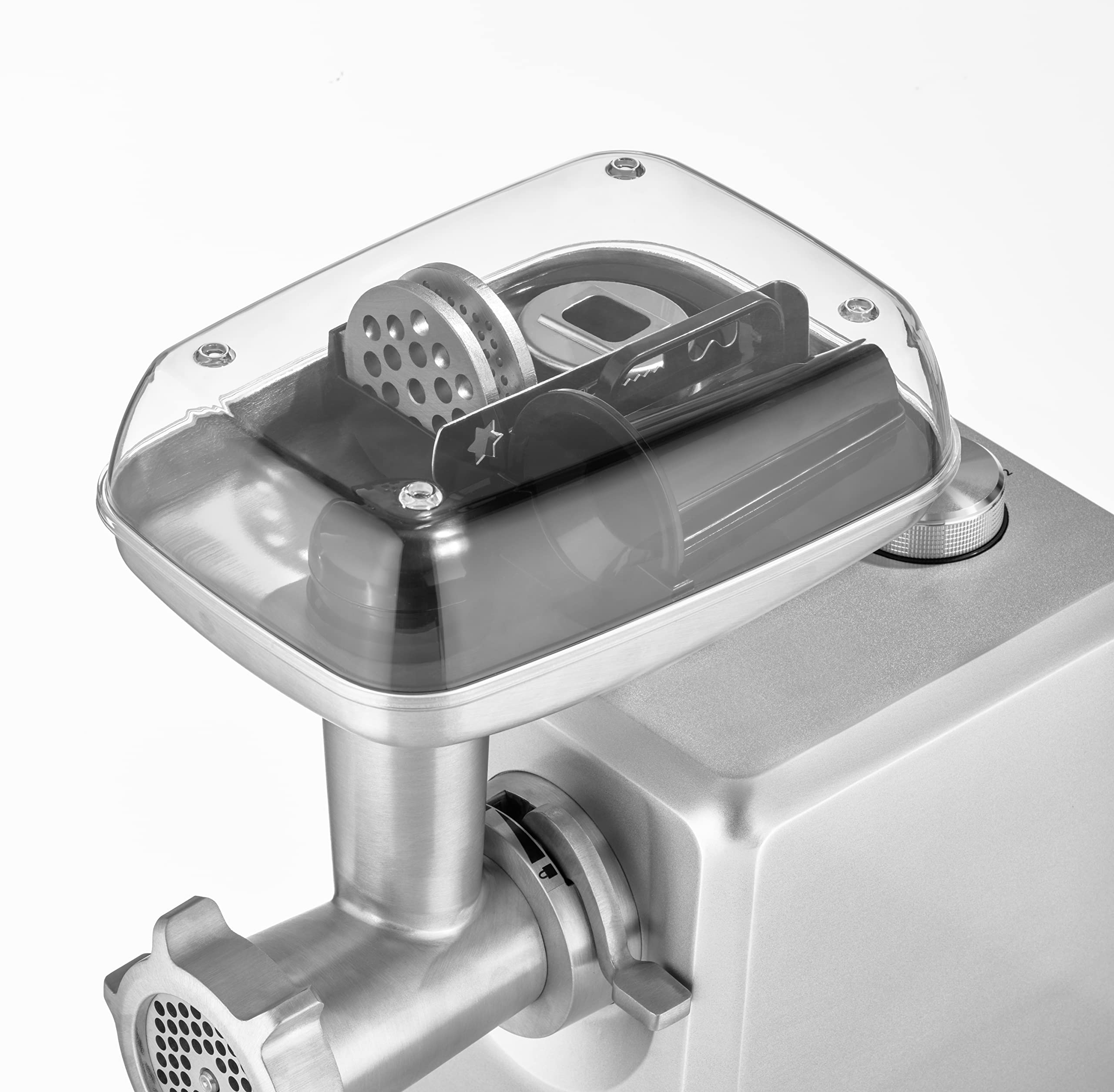 CASO FW 2500 – Hachoir à viande électrique professionnel, 2 500 W, fonction marche avant et arrière, 2,5kg/min, accessoire à saucisses, 3 grilles en inox (3, 5 et 8 mm), corps en aluminium, argent