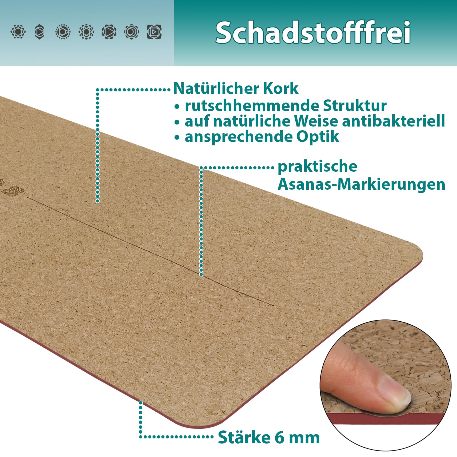 ALPIDEX Kork Yogamatte 183 x 61 x 0.6 cm E-Book Fitness Pilates Matte Schadstofffrei Rutschfest Tragetasche Hilfslinien Natürlicher Kork Yoga Mat