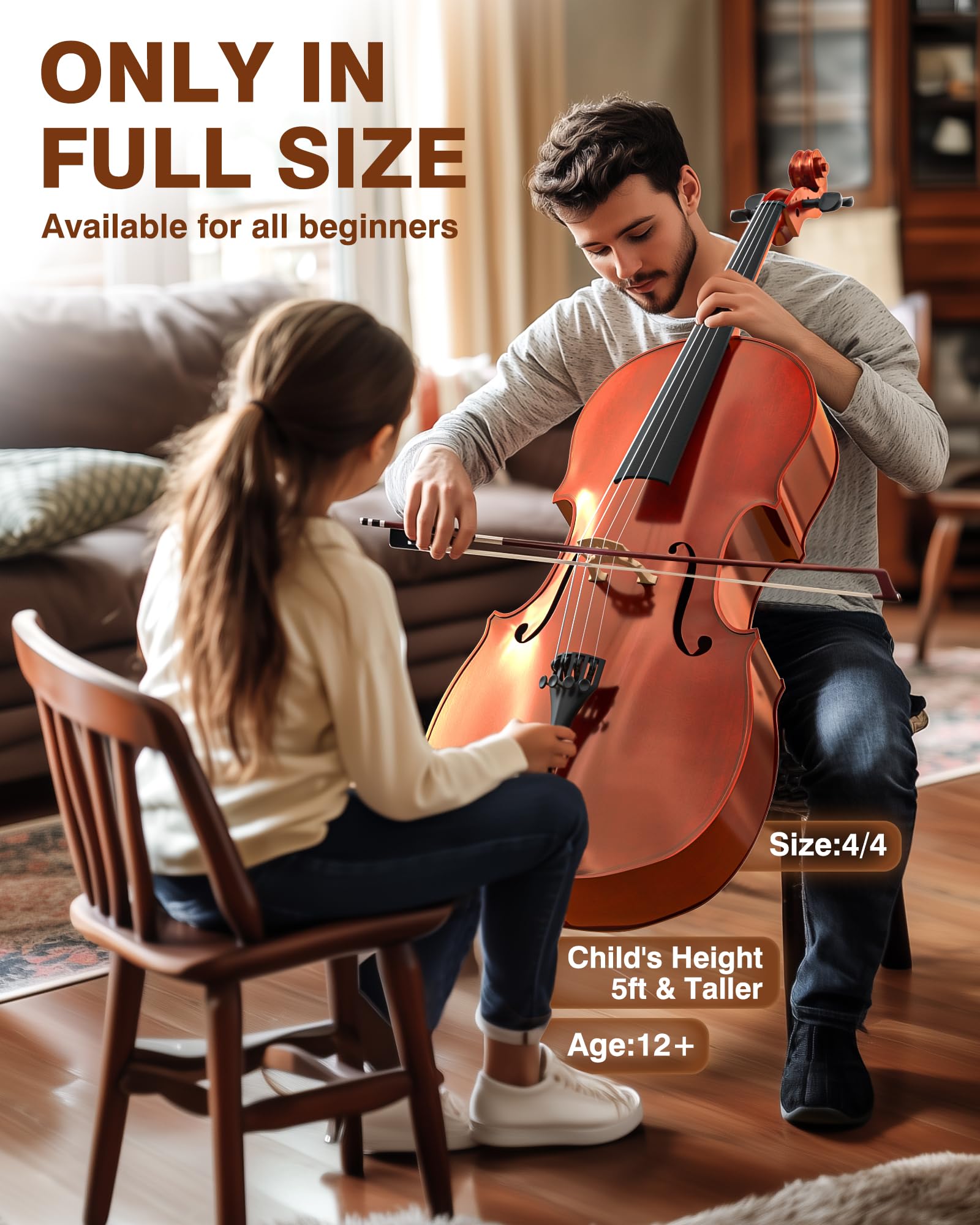 PYY Cello 4/4 Full Size - Solid Wood Acoustic Cello Package with Free Stand, Bag, Strings, Tuner, Rosin and Bow, Cello 4/4 Strings Set for Students & Adult Beginner Instruments - Image 5
