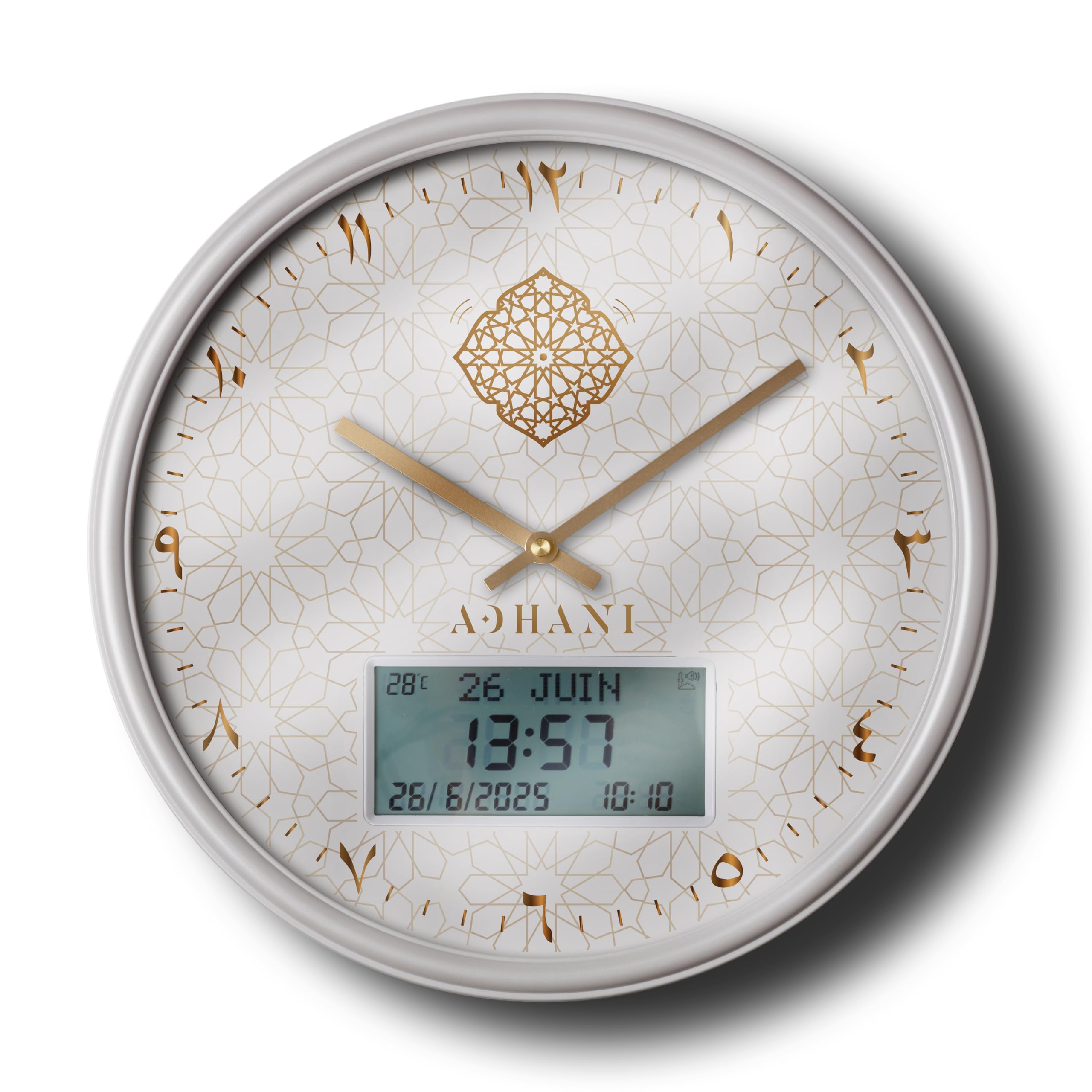 Horloge Adhan Moderne – Appel à la prière Automatique – Chiffres Indiens (Blanc doré)