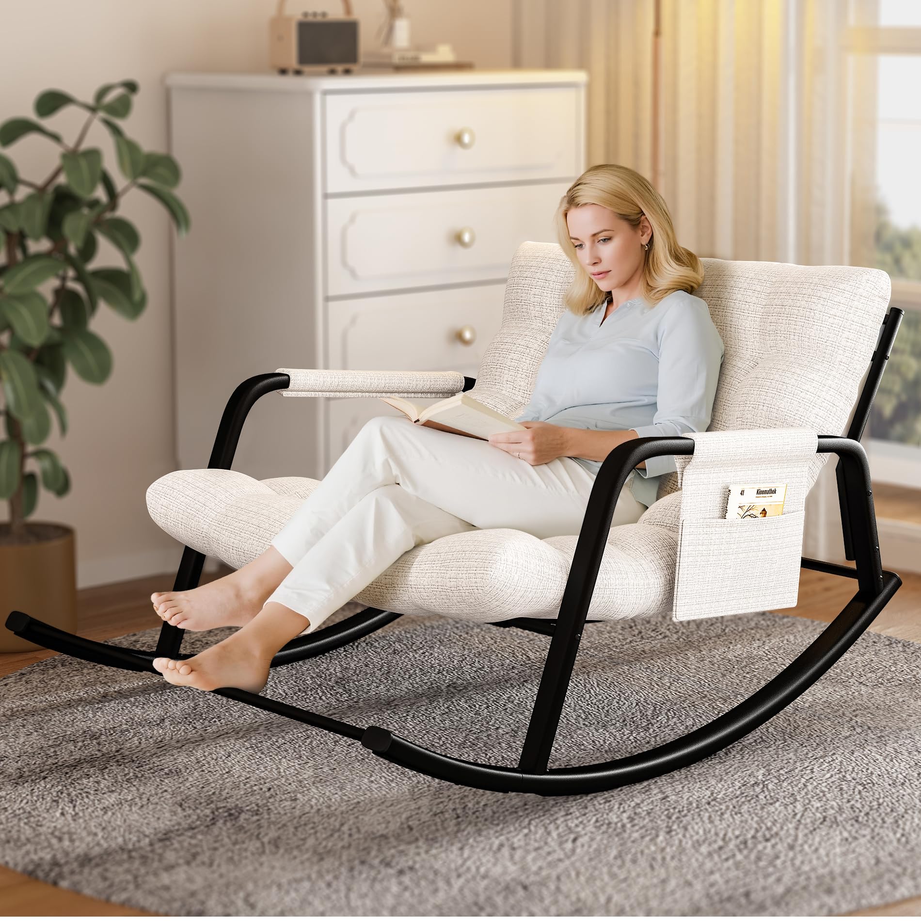 lavimiya Indoor Outdoor Patio Rocking Chairs, Papasan Rocking Chairs, Double Papasan Chair with Cushion, Oversized Modern Rocker Chairs for Living