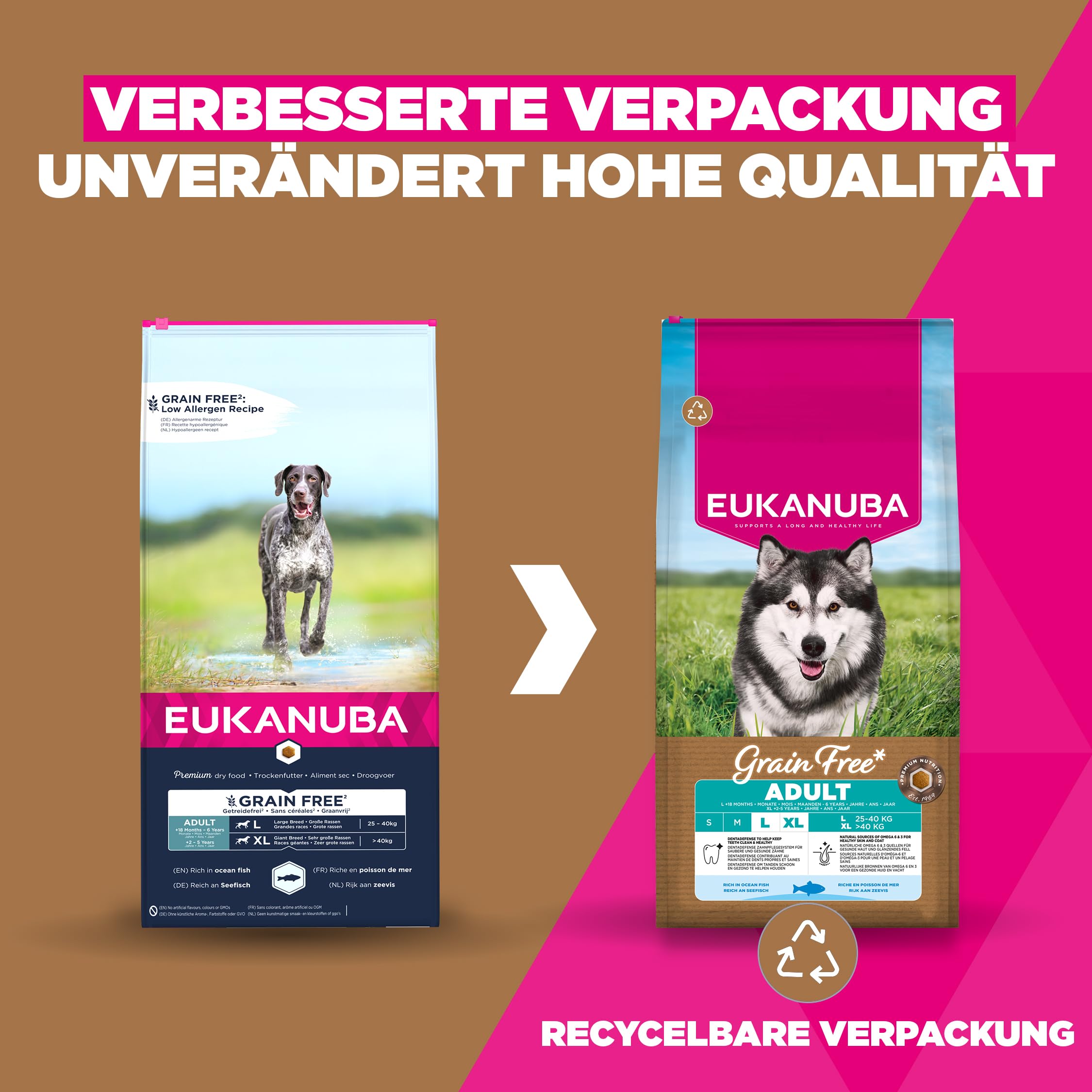 Eukanuba Hundefutter getreidefrei mit Fisch für große Rassen, Premium Trockenfutter ohne Getreide für ausgewachsene Hunde, 12 kg