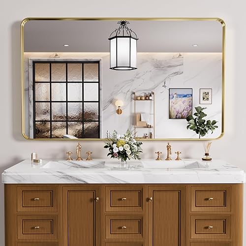 Miniatura 1 de Espejo de baño de oro cepillado, 50 x 30 pulgadas, moderno espejo de tocador montado en la pared para baño, espejo rectangular con marco de metal,