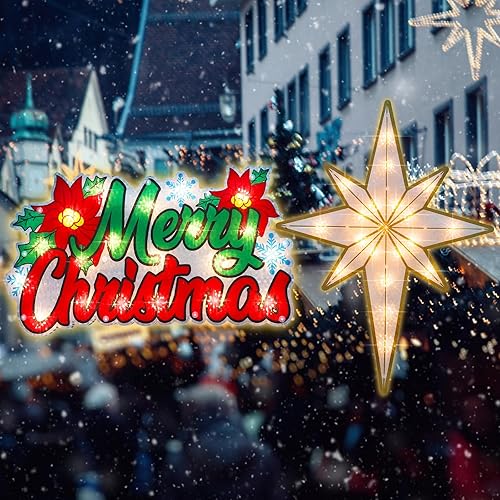 Miniatura 6 de LAMPHOME Paquete de 2 letreros iluminados de Feliz Navidad y estrella de Belén para ventana, decoración de escultura de ventana para Navidad,