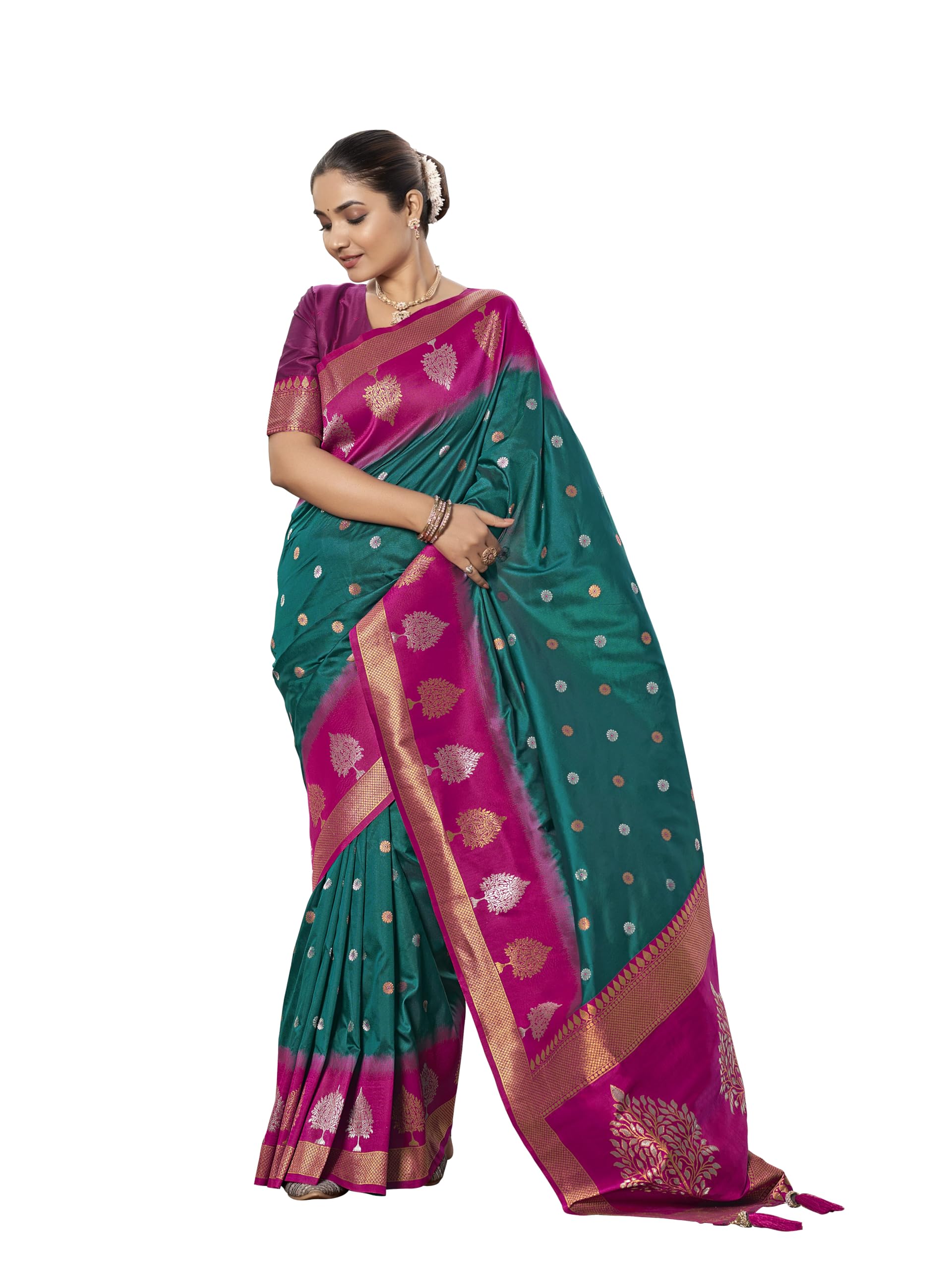 Women's Trendy Banarasi Soft Silk Woven Saree with Heavy Jacquard Pattern, Elegant Design, Silk Saree with Unstitched Jacquard Blouse Piece for Weddings & Festive Occasions-image-44