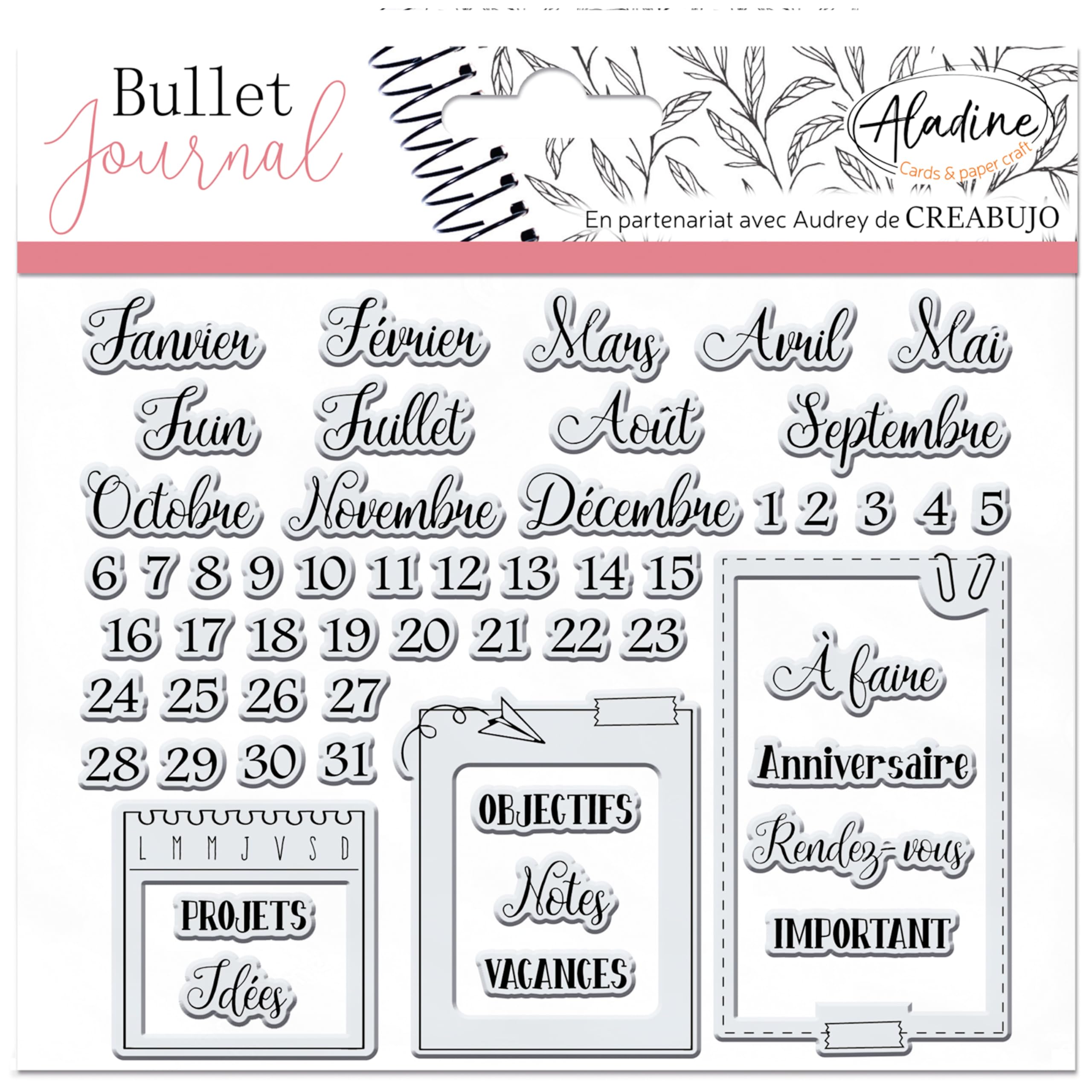 Aladine - Stampo Bullet Clear MIESIĄC ORGANIZACJI - Płyta z piankami, silikonowy ślad - Idealny do Bullet Journal, scrapbookingu, zeszytów - DIY 3958 Kreatywny wypoczynek Czarny