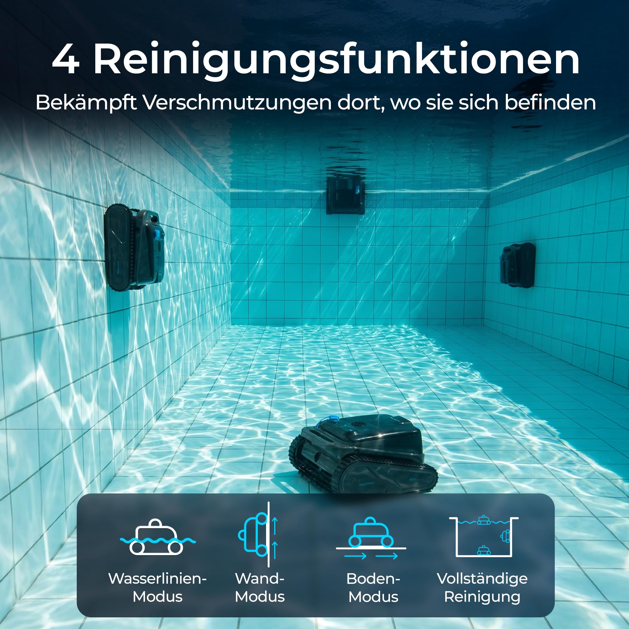 KLAMER Poolroboter Akku Kabellos, Wand & Boden, 150 Min, 200 m² | Bluetooth App-Steuerung, 4 Reinigungsmodi, Waschbarer Filterkorb, Display mit Akkuanzeige, bis 200 m², 150 Min Laufzeit