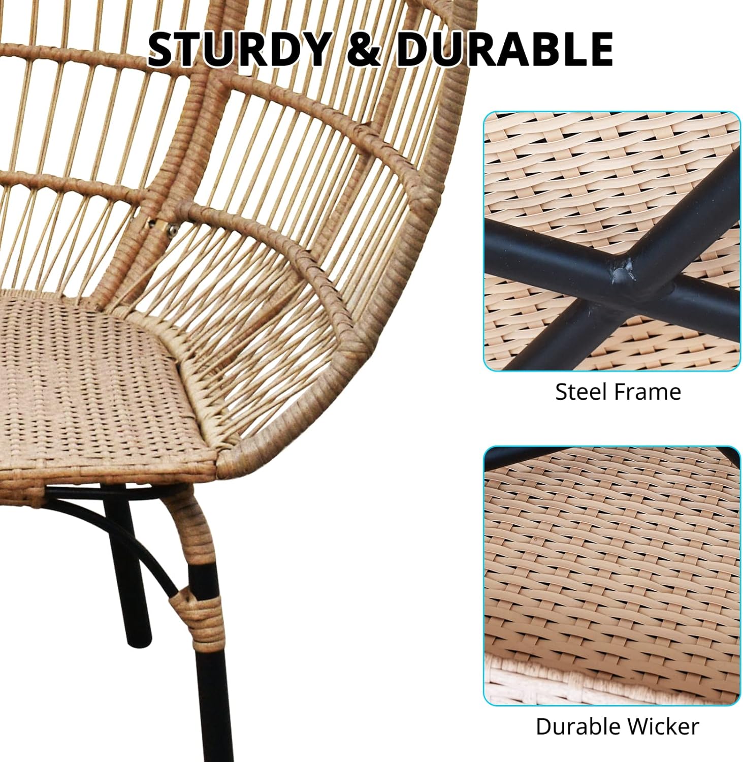 OTSUN Oversized Wicker Egg Chair: Lounger with 4 Cushions, 440lb Capacity, Outdoor Indoor Egg Basket Chair for Balcony, Living Room, Patio, Backyard, Beige