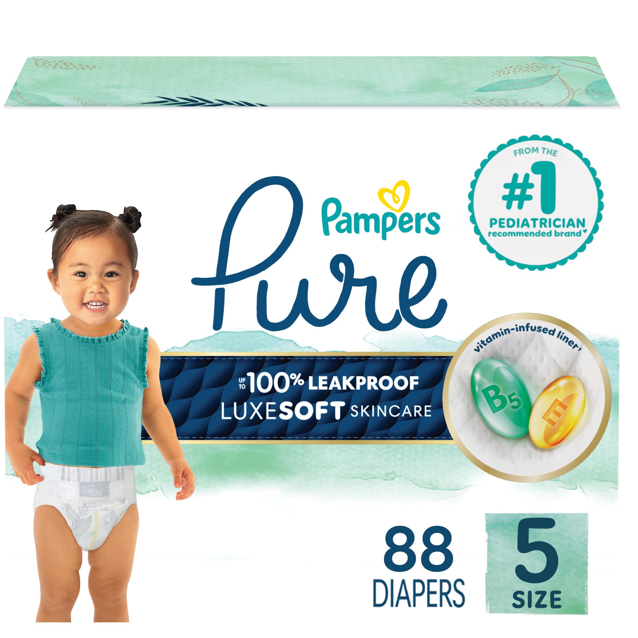 Pampers Baby Diapers - Pure Protection - Size 5, 88 Count, for up to 100% Leakproof, Premium Plant-based Skin Protection