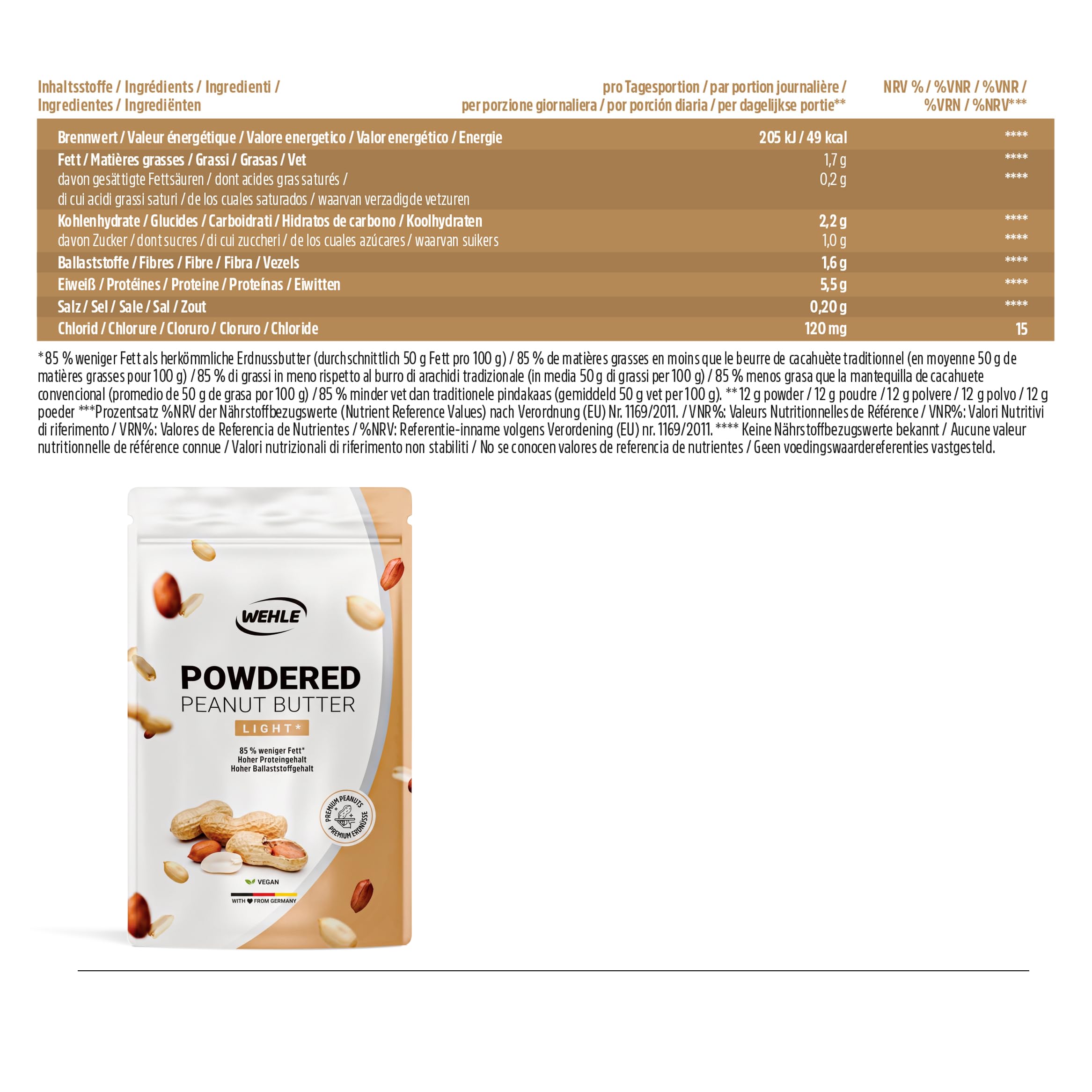 Erdnussbutter light Pulver 1 kg / 1000 g - Powdered Peanut Butter 85% weniger Fett, ohne Zucker I Peanut Creme mit leckerem Geschmack, Wehle Sports - Verpackung kann variieren