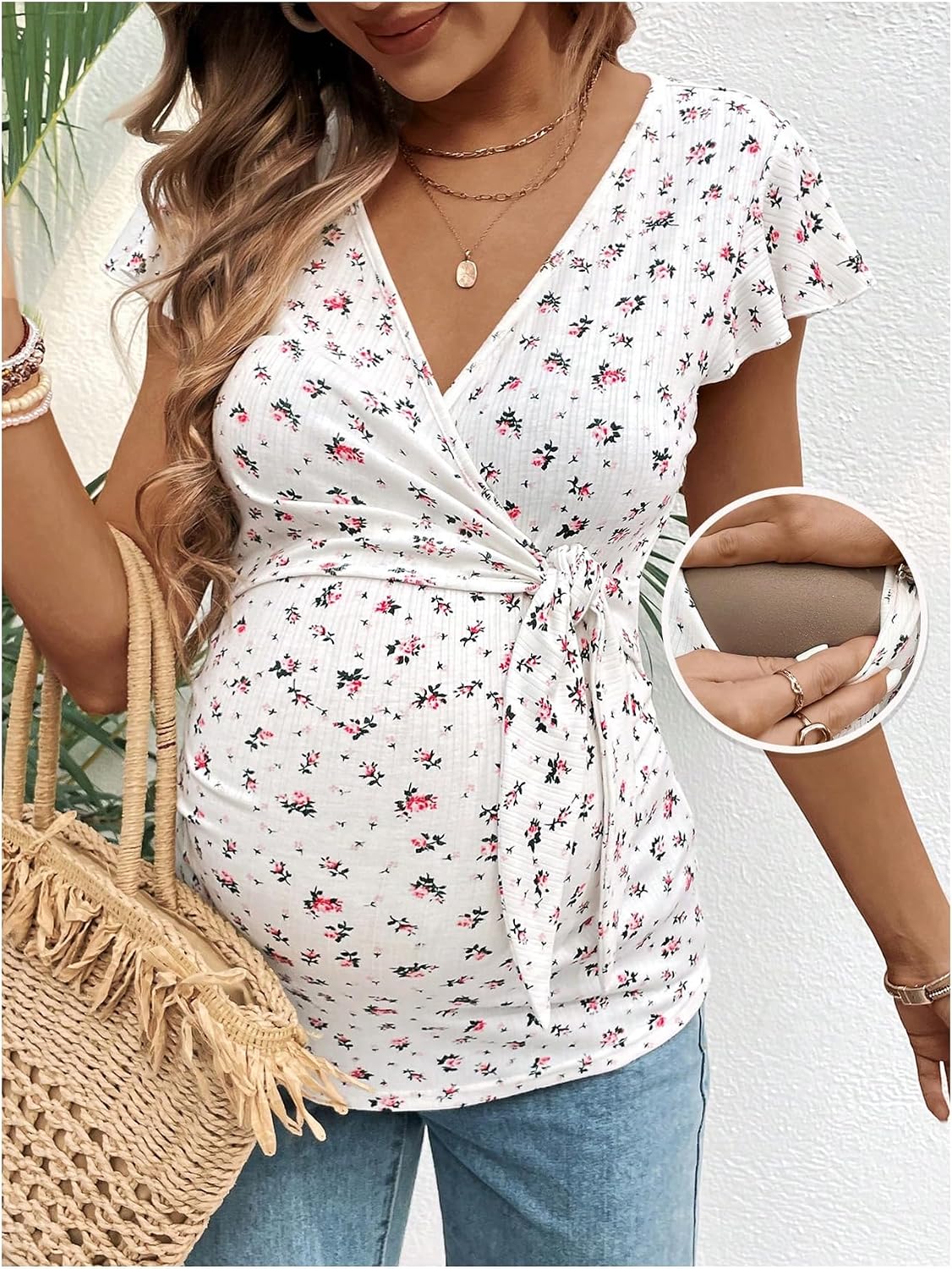 SHENHE Women's Maternity Nursing Wrap Top Breastfeeding Shirt Floral Cap Sleeve V Neck Summer Tops