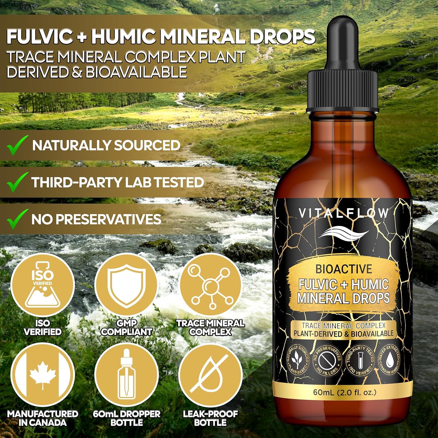 Fulvic + Humic Trace Mineral Drops, 3:1 Humic-Fulvic Blend | Water-Extracted from Canadian Humalite | 60 mL Amber Dropper | Third-Party Tested, No Preservatives/Fillers | GMP & ISO Verified — Amazon image 3