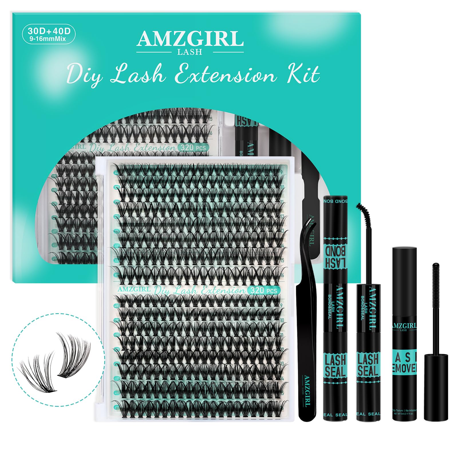 Kit di extension per ciglia, 320 pezzi, kit fai da te per singoli gruppi di ciglia, legatura e sigillatura delle ciglia, rimozione delle ciglia per le estensioni delle ciglia(3040D, kit 9-16 mm)