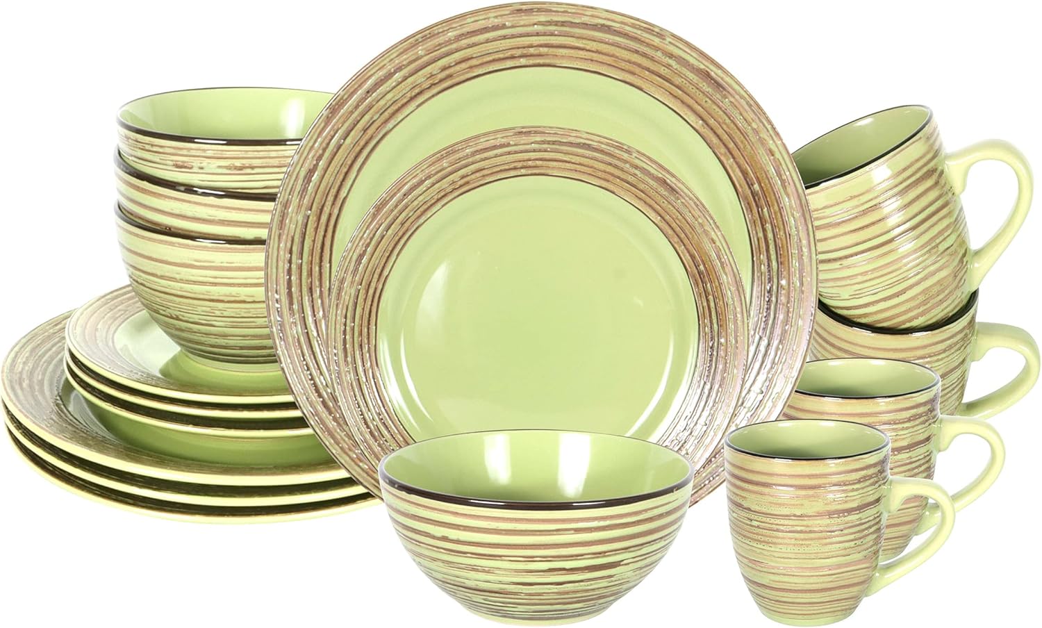 16 Piece Dinnerware Set, Ceramic Plates and Bowls Sets for 4, Microwave and Dishwasher Safe, Handcrafted Tree Bark Series Dish Set, Oak Forest/Dark Green