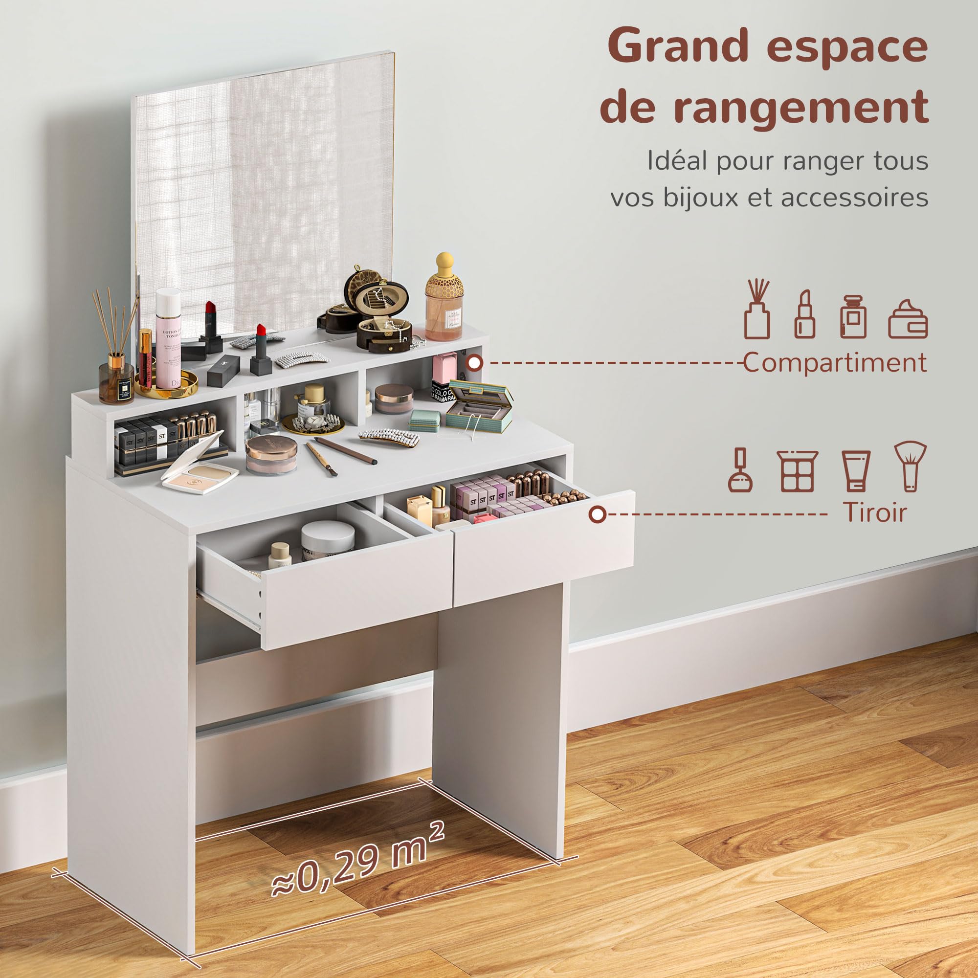 HOMCOM Tavolo da trucco con specchio con 2 cassetti e 3 scomparti, stile moderno per camera da letto, 75 x 38 x 135 cm, bianco