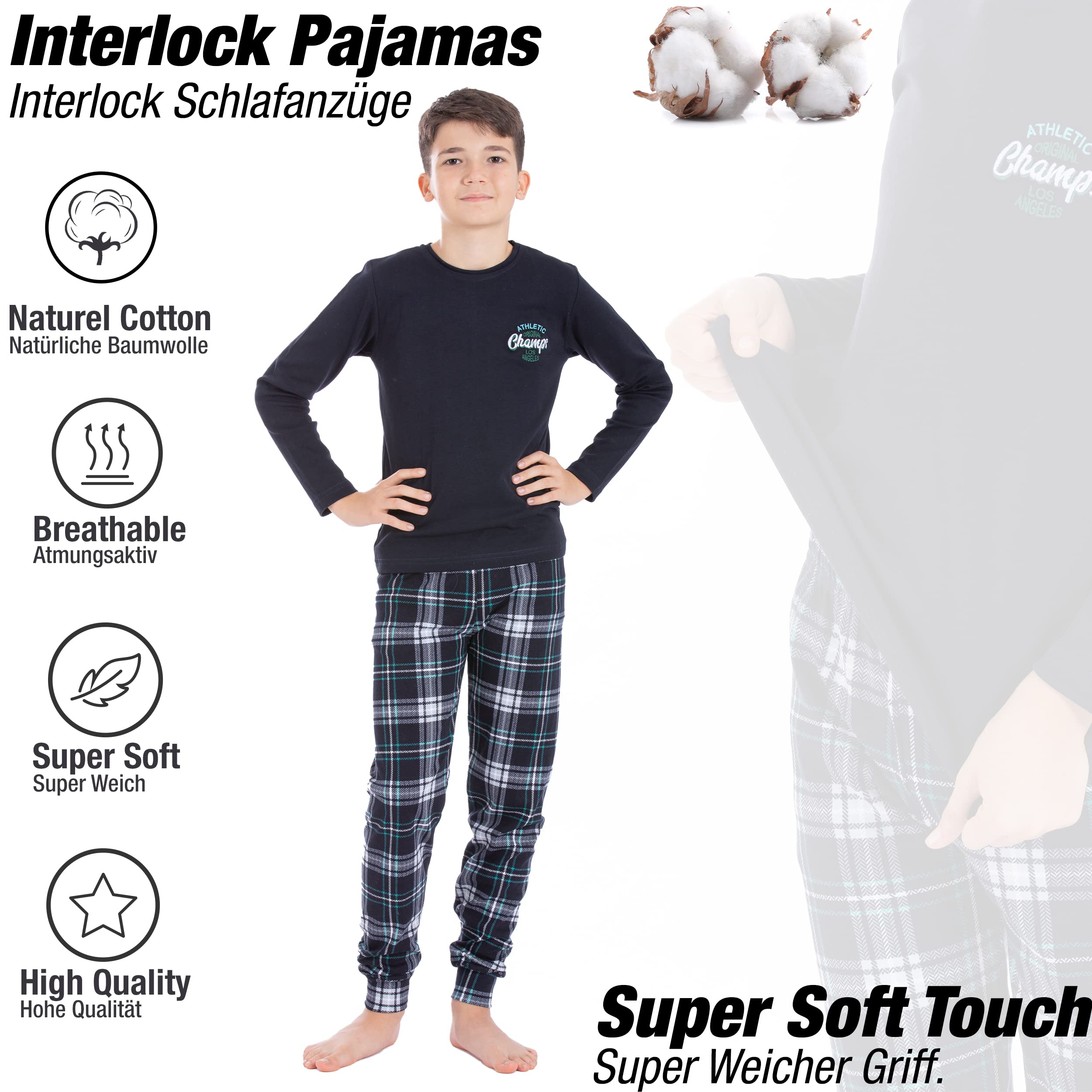LOREZA ® Pigiama Bambino Caldo a Maniche Lunghe 100% Cotone Interlock a Quadri