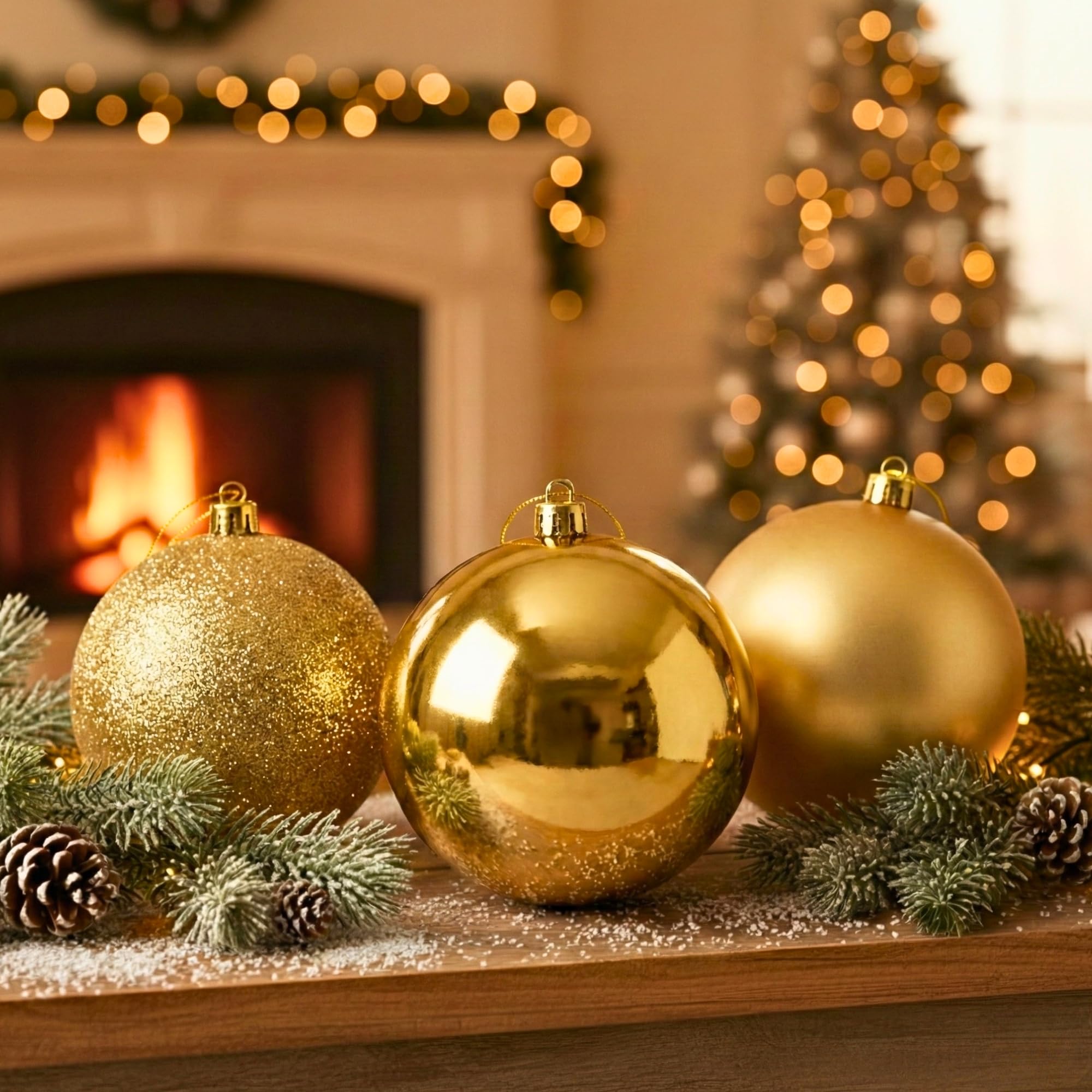 Juego de 3 Bolas Grandes de Oro Profundo de PVC inastillables de 25 cm, Acabado Brillante, Mate, con Acabado Brillante, Adornos Surtidos para Colgar en el árbol de Navidad, Adornos Redondos para