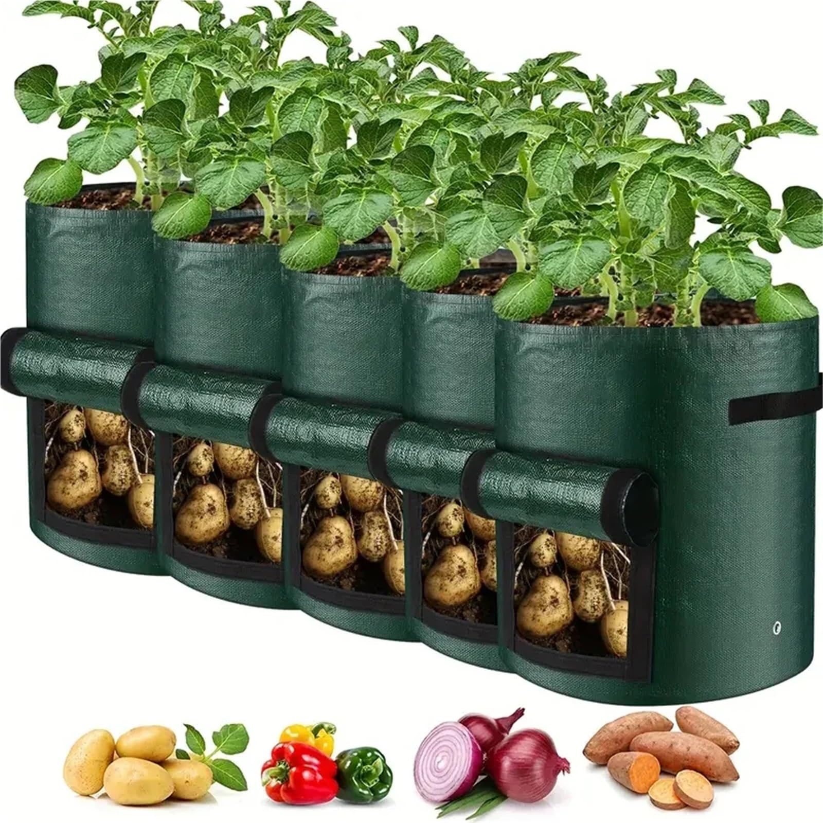 Pflanzsack 5PCs Gartenbedarf Gemüsepflanze wachsen Tasche Pflanzbehälter verdicken Gartentopf Kartoffel Pflanzer(5PCS 10Gallons)