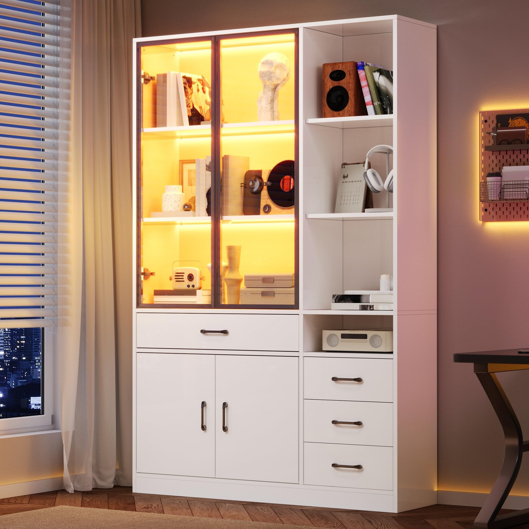 Armadietto alto con vetrina in vetro e LED, 120 x 35 x 200 cm, libreria bianca con 13 scomparti, 4 cassetti e ante, vetrine, adatto per sala da pranzo e soggiorno