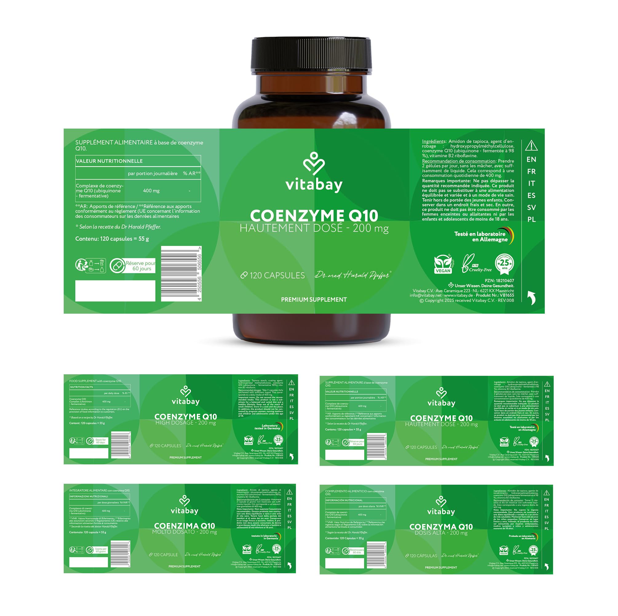 Vitabay Coenzyme Q10 Ubiquinone 200 mg – 120 capsules végétales – CoQ10 hautement dosé – Q10 naturel issu de fermentation végétale – sans additifs & 100% vegan – testé en laboratoire en Allemagne