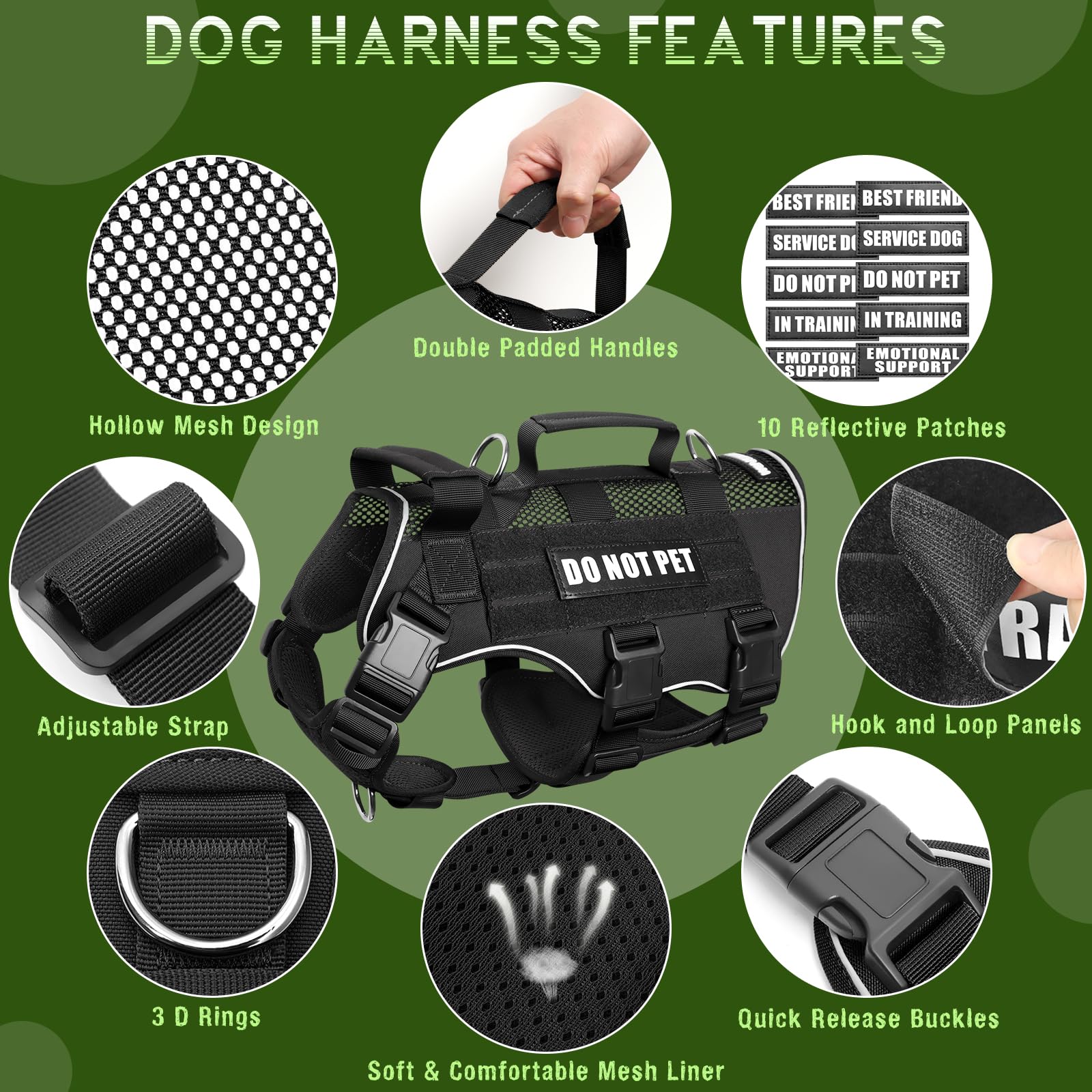 WINSEE - Arnés de malla de entrenamiento para perro con 10 parches para mascotas, malla de aire suave, transpirable, chaleco táctico Molle para perro, chaleco reflectante militar sin tirones, con