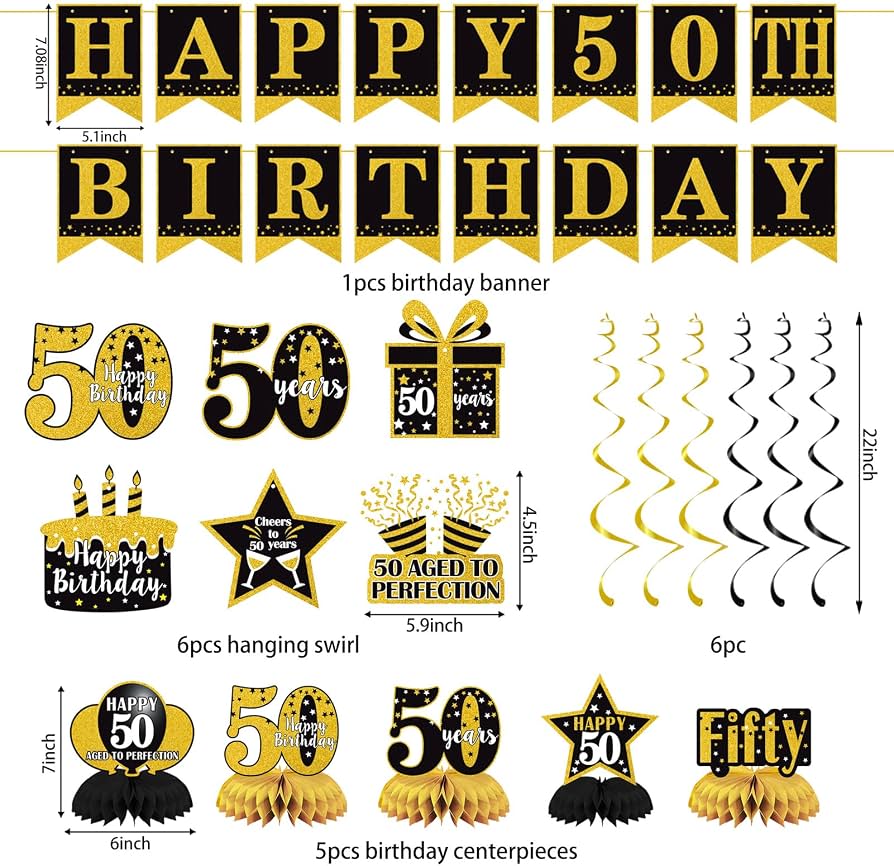 Schwarz-Gold 50. Geburtstag Dekorations-Set – Inkl. Banner, Dreieck-Flaggen & Strudel Für Die Feier