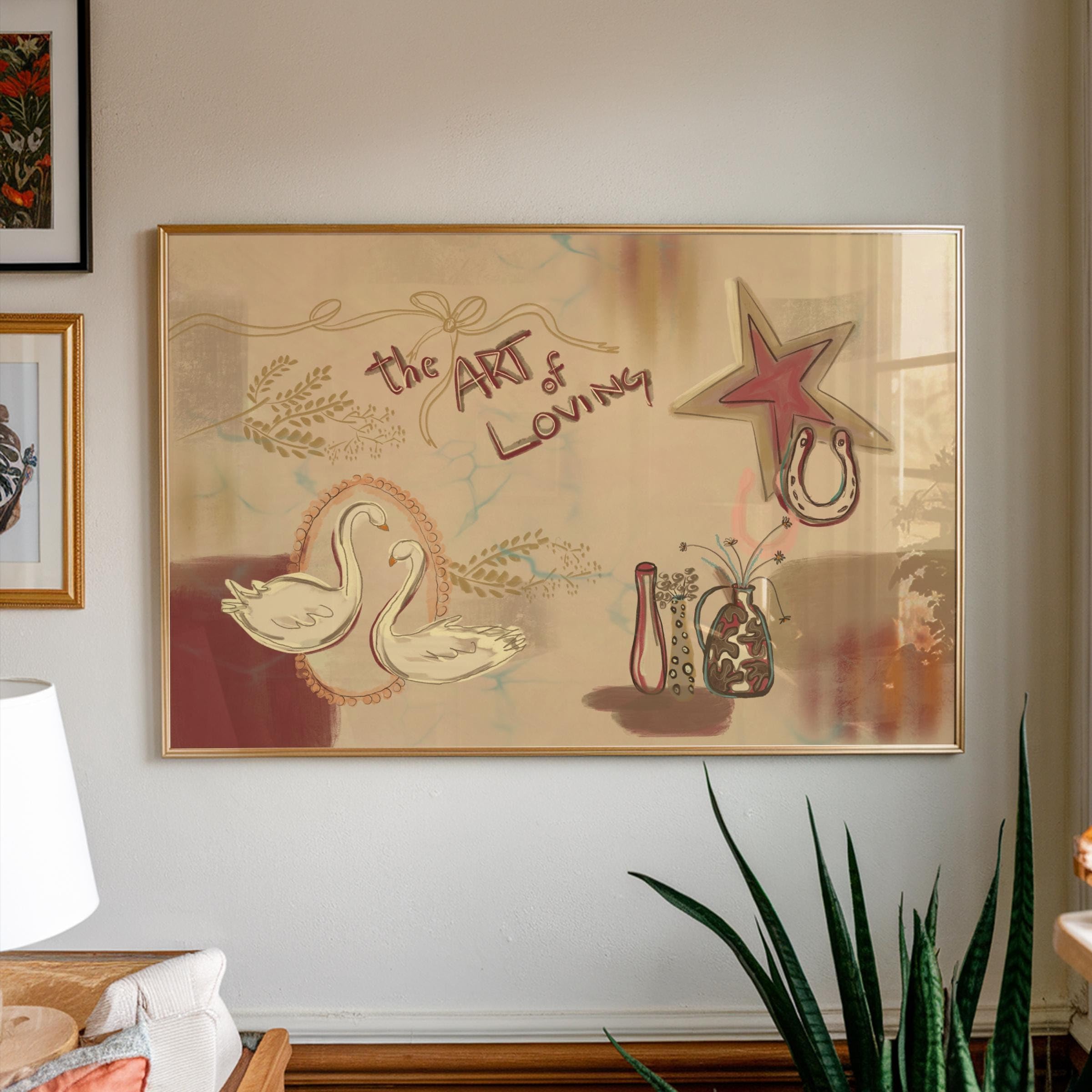 Póster con cita inspiradora, lienzo decorativo vintage con cisne, estrella y herradura, decoración retro para dormitorio (70x100cm/sin marco)