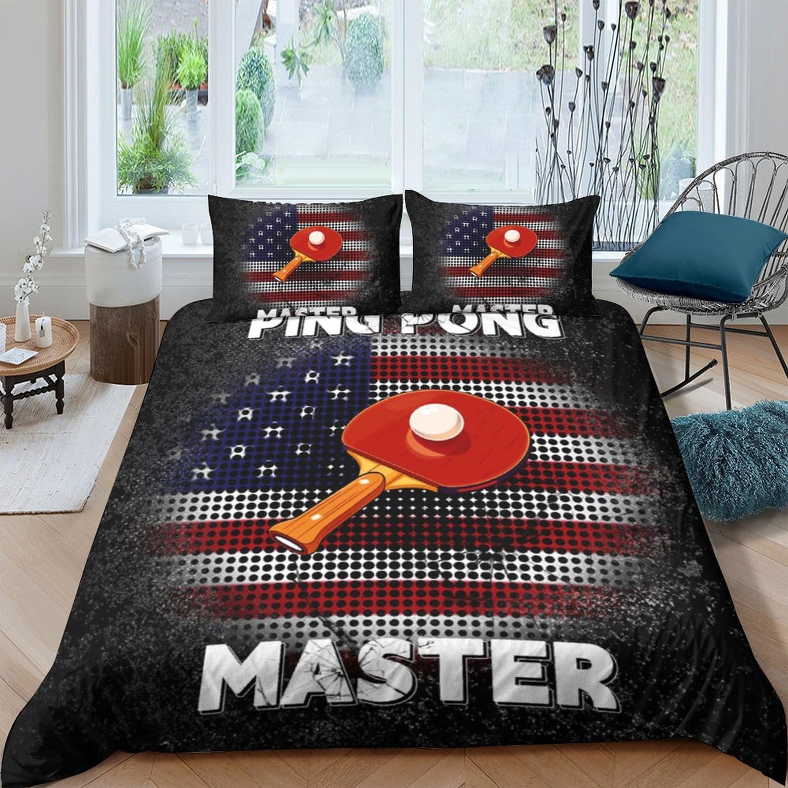 GPLZQXKJNH 3D Printed American Flag Table Tennis Duvet Cover Set Microfiber Soft Ping Pong Bedding with 2 Pillowcases for Bedroom Decor Single（135x200cm）