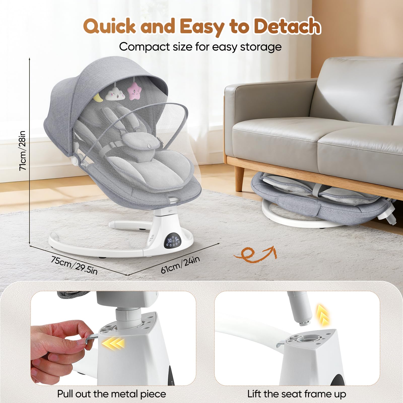 Transat Bebe Electrique, Balancelle bebe electrique avec harnais à 5 points, 5 modes du balancement, minuterie à 3 niveaux, télécommande et musique, utilisable en intérieur et en extérieur (Gris)