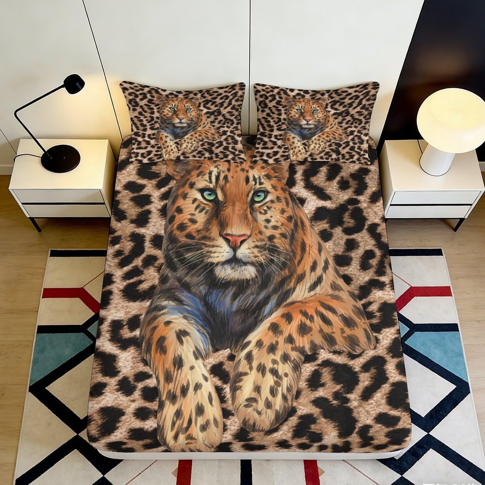 3D Printed Leopard Pattern Fitted Sheet Microfiber Soft Durable Leopard Print Bed Cover for Bedroom Dormitory Guest Room Mattress Protection 160x200x25cm