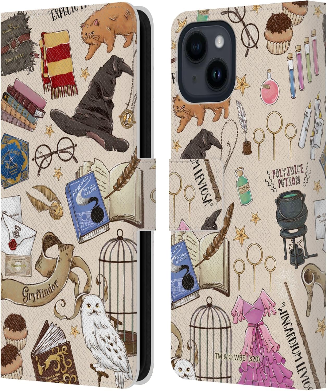 Head Case Designs Officially Licensed Harry Potter Hogwarts Pattern Deathly Hallows XXXVII Leather Wallet Case Compatible with Apple iPhone 15