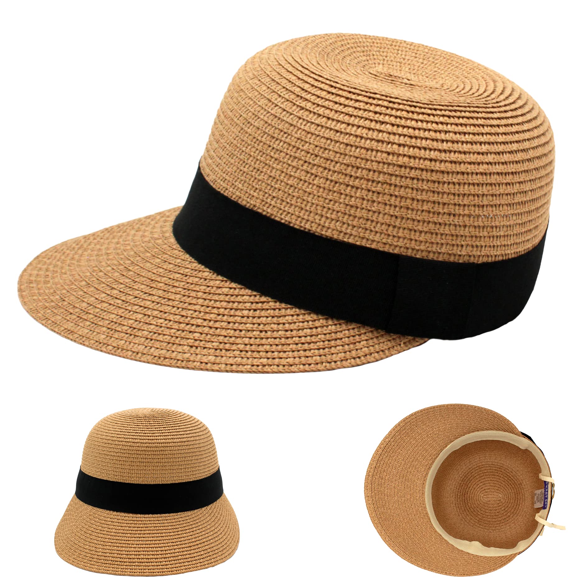 Sombrero Playa Mujer para Sol, Visera Mujer de Paja Papel para el Sol, Pamela Plegable con ala Ancha para Vacaciones y Viaje, Talla única