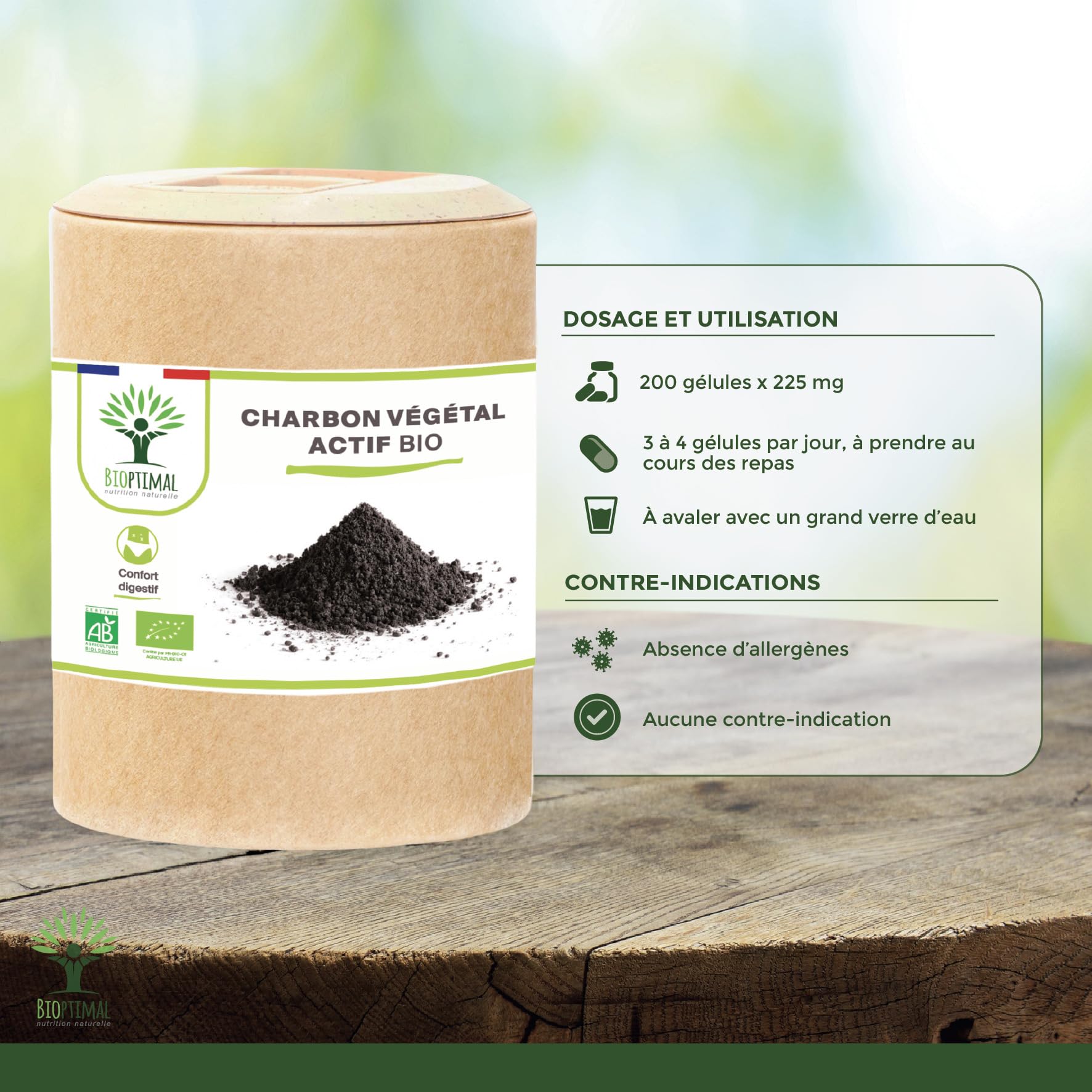 Charbon Végétal Actif - Bioptimal - Complément Alimentaire - Ventre Plat Digestion Anti-Ballonnement Gaz - 150 mg de Poudre Active Pure par Gélule - Fabriqué en France - Certifié Ecocert - 200 gélules