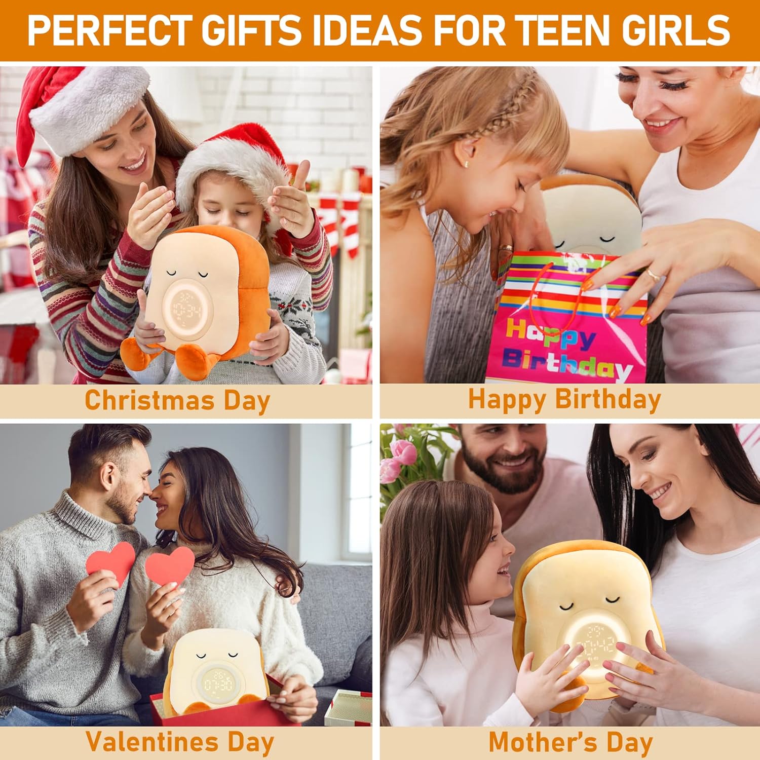 QANYI Kids Night Light Plushies, Funny Food Toast Bread Plush Cute Stuffed Alarm Clocks for Bedrooms, Cool Bedside Lamp Gifts for Women Kids 6 7 8 9 10 11 Year Old Girls