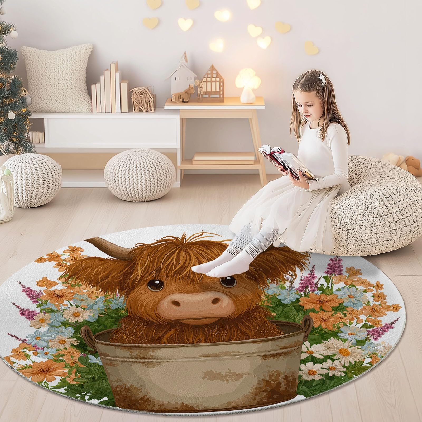 Générique Okrągły dywan Cartoon Highland krowa kwiaty 150 cm, można prać w pralce, do salonu, antypoślizgowy, z nadrukiem, do jadalni, pokoju dziecięcego, żłobka, brązowy