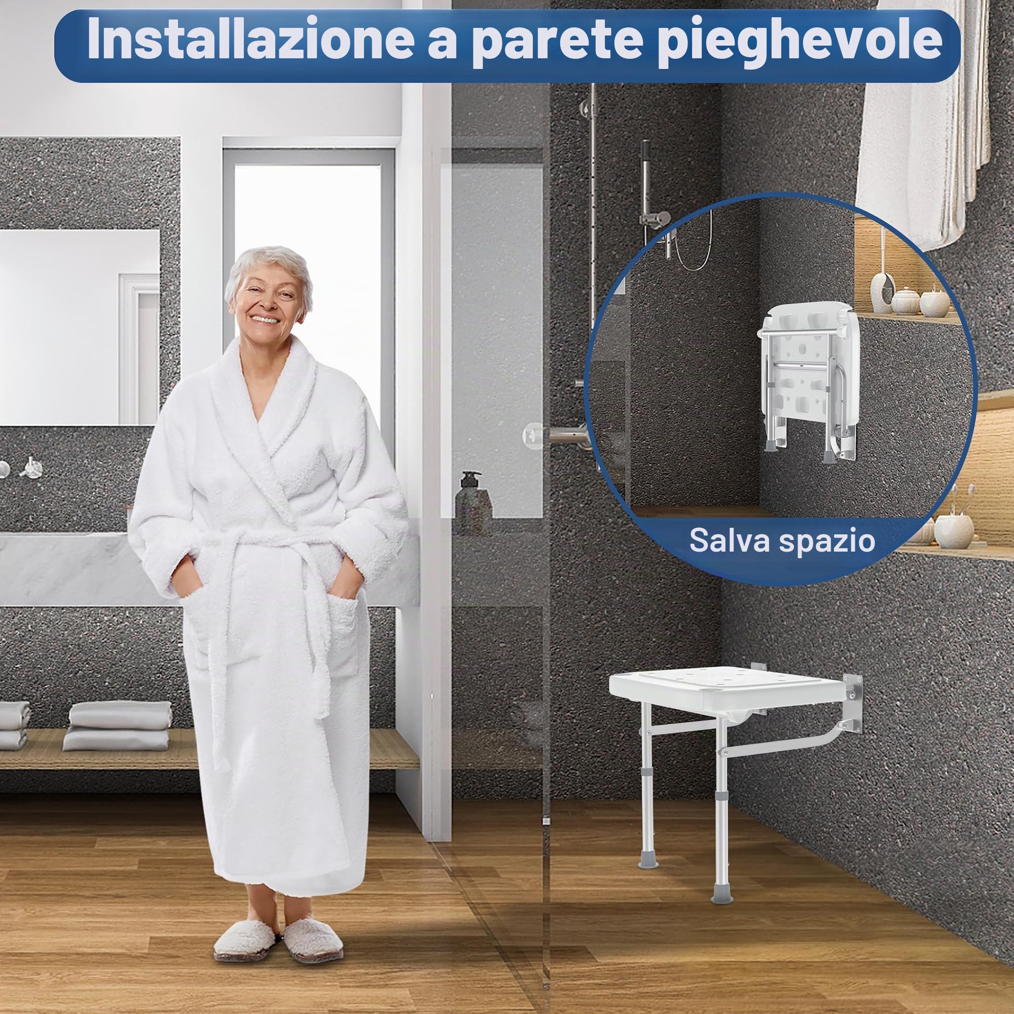 FIVMEN Sedia da doccia pieghevole a parete con gambe ribaltabili, regolabile in altezza, antiscivolo, portata fino a 200 kg