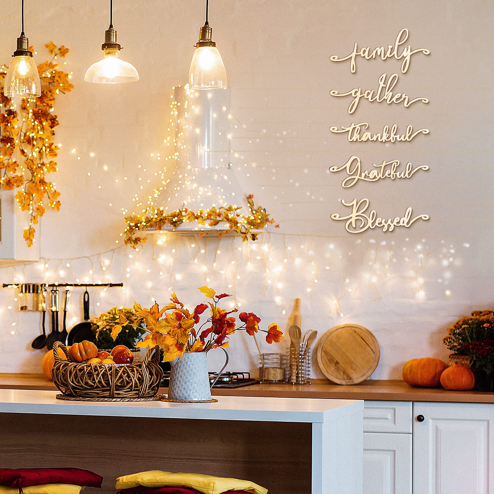 12-Piece Thankful Grateful Blessed Wood Cutout Set - Rustic Thanksgiving Table Decor, Laser-Cut Wood Signs For Plates, Tabletop - Black, 3 Sizes - View #13
