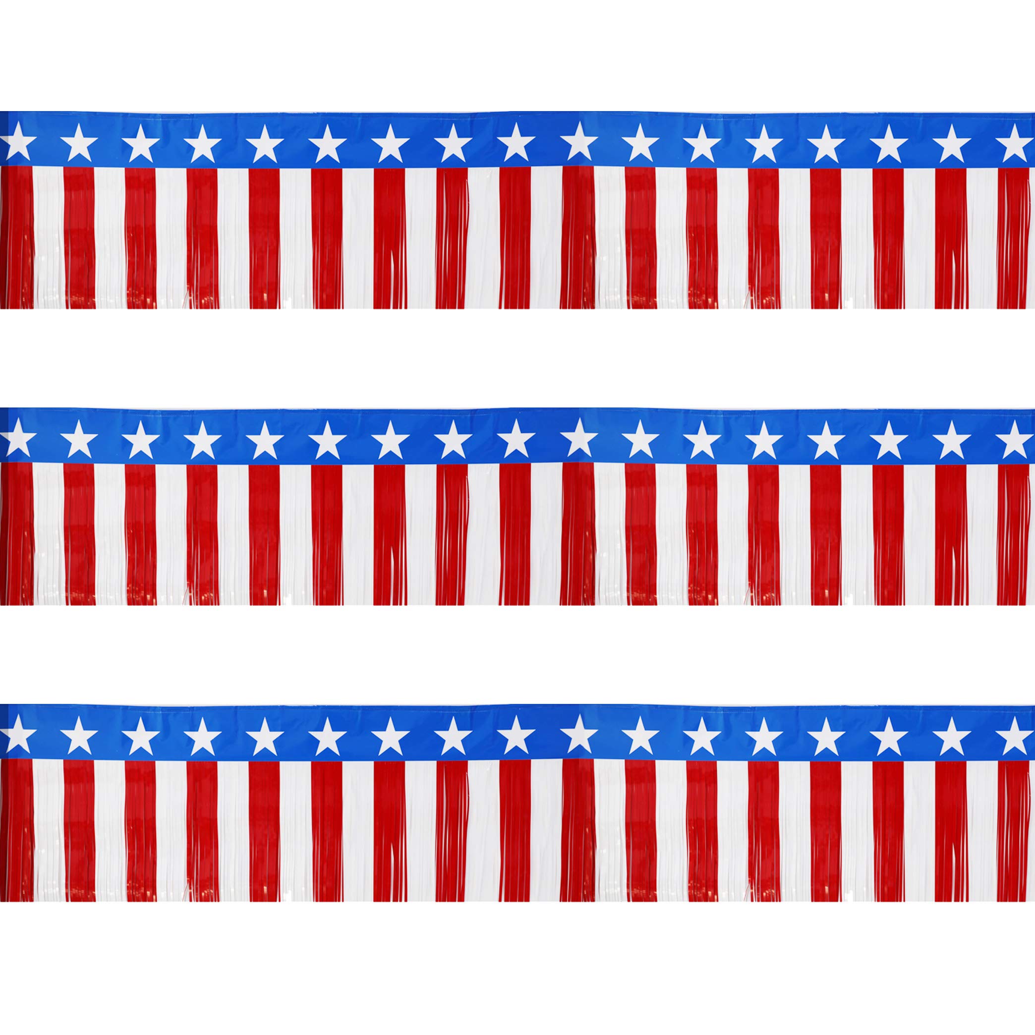 Parade Floats Foil Fringe Skirting Decorations - Pack of 3 - Each 15" x 10 Feet Long American Flag Stripes and Stars Metallic Tinsel Patriotic Garland for 4th of July, Homecoming or Christmas Float