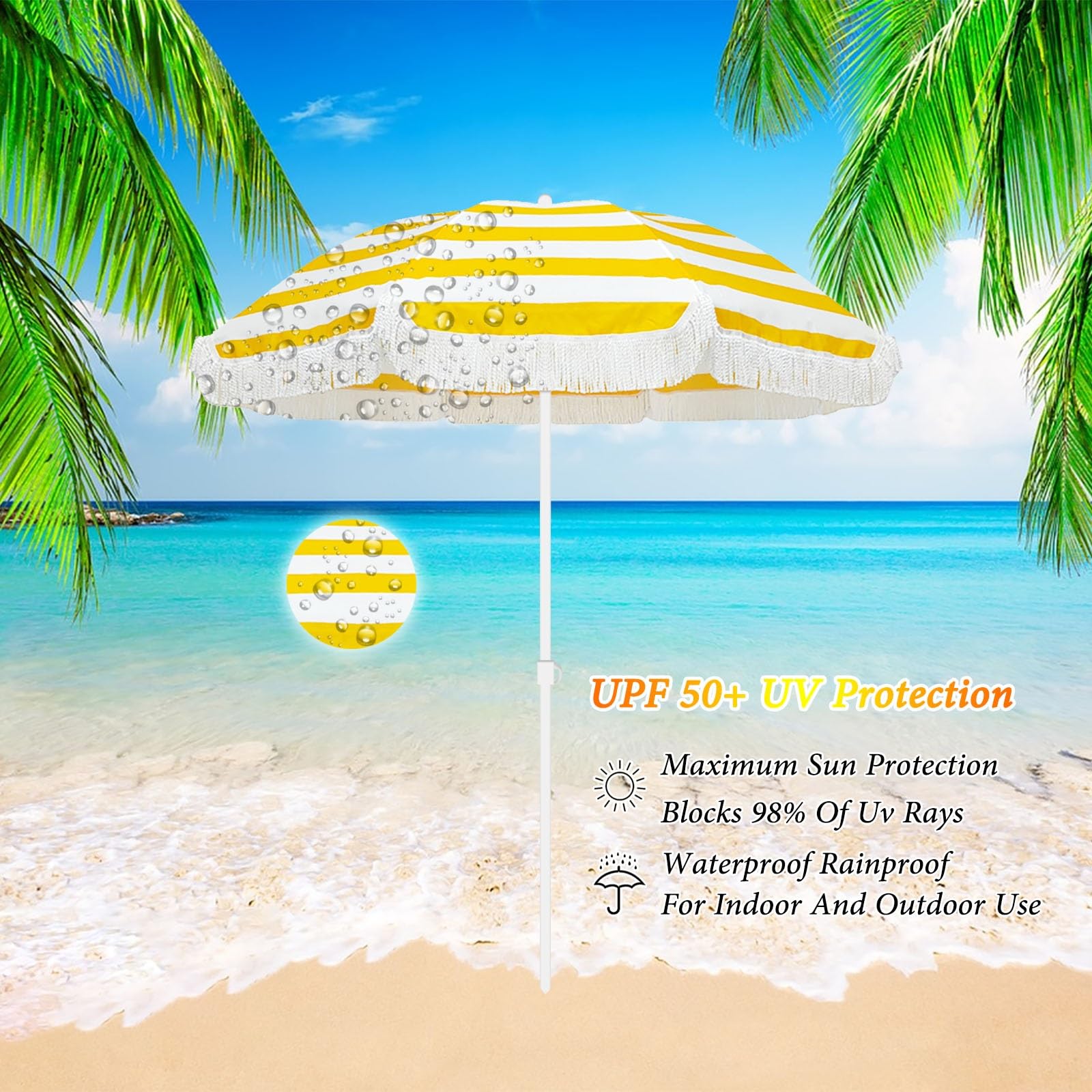 ELZEM Parasol Jardin 180cm Con Flecos Sombrilla Playa Antiviento Sombrilla Jardin Inclinable Parasol Terraza 8 Varillas Protección UV50+ Desmontable Para Terraza Jardin Playa Piscina/Altura Ajustable