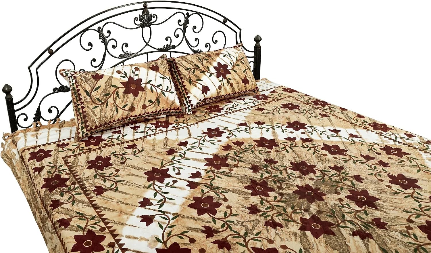Exotic India Golden-Glow Batik Dyed Bedspread from Pilkhuwa with Printed Flowers - Pure Cotton